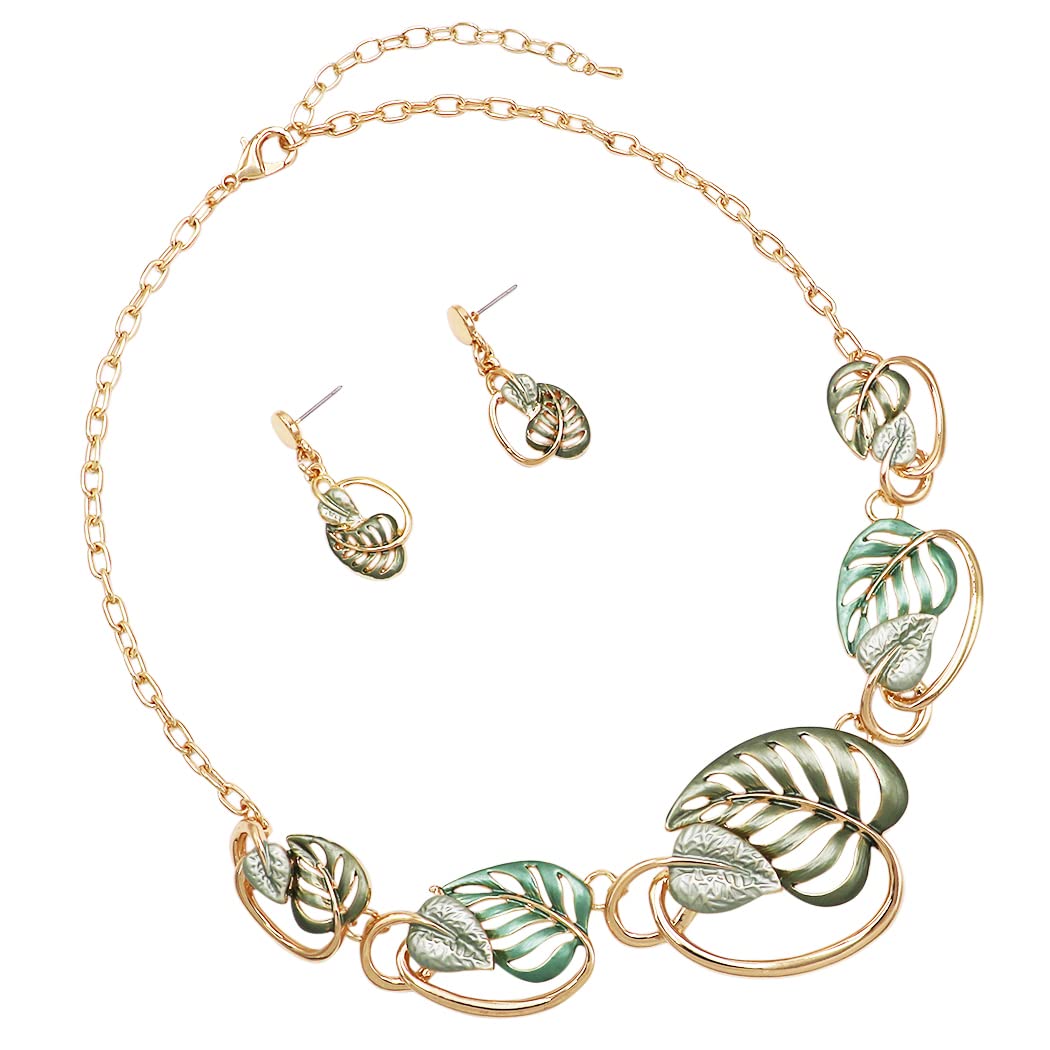 Rosemarie & Jubalee Women's 3D Leaf Statement Necklace and Earrings Set - Gold Enamel Jewelry with 16