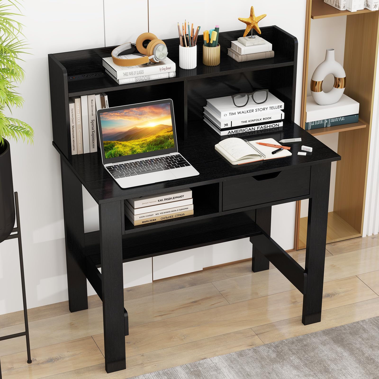 Tangkula Modern Computer Desk with Drawer & Hutch - Home Office Writing Desk with Charging Station & Storage Shelves, Space-Saving Workstation for Study, Work & Makeup Vanity | Perfect for Small Spaces, Home Office & Dorm Rooms