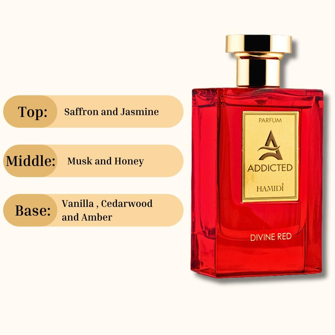 Hamidi ADDICTED DIVINE RED Unisex Perfume for Women & Men - 120ML (4 OZ) Long Lasting Eau de Parfum, Refreshing Fragrance for Day & Night Wear - Perfect for Work, Date Night & Special Occasions