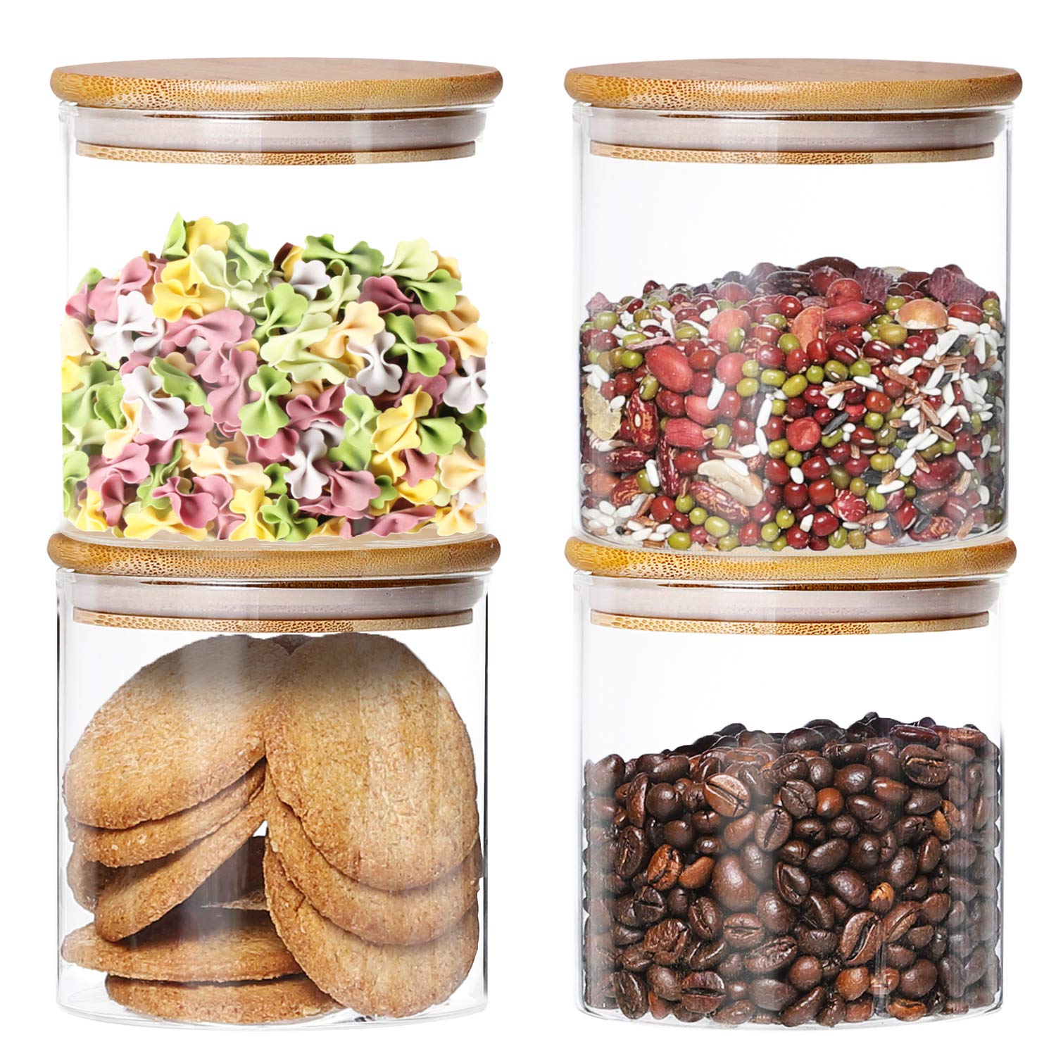 4 Pack Glass Jars with Airtight Bamboo Lids - 18.6oz Clear Kitchen Canisters for Food Storage | Perfect for Dry Goods, Cookies, Candy, Spices & Coffee Beans | Ideal for Pantry Organization, Baking Supplies & Coffee Station Decor