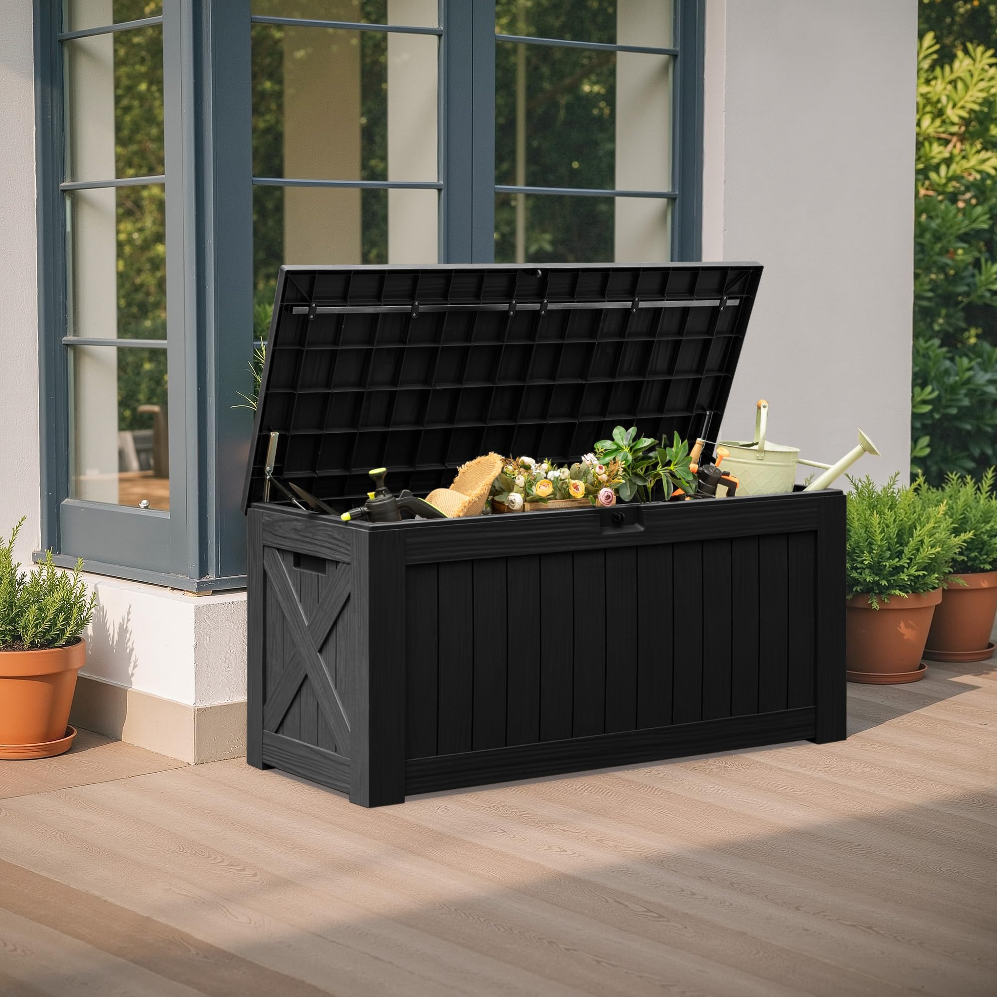 Flamaker 120 Gallon Waterproof Resin Deck Storage Box - Large Outdoor & Indoor Storage Container, Durable Imitation Wood Resin for Patio Furniture, Garden Tools, Pool Accessories - Perfect for Backyard, Deck, Poolside & Garage Organization (Black)