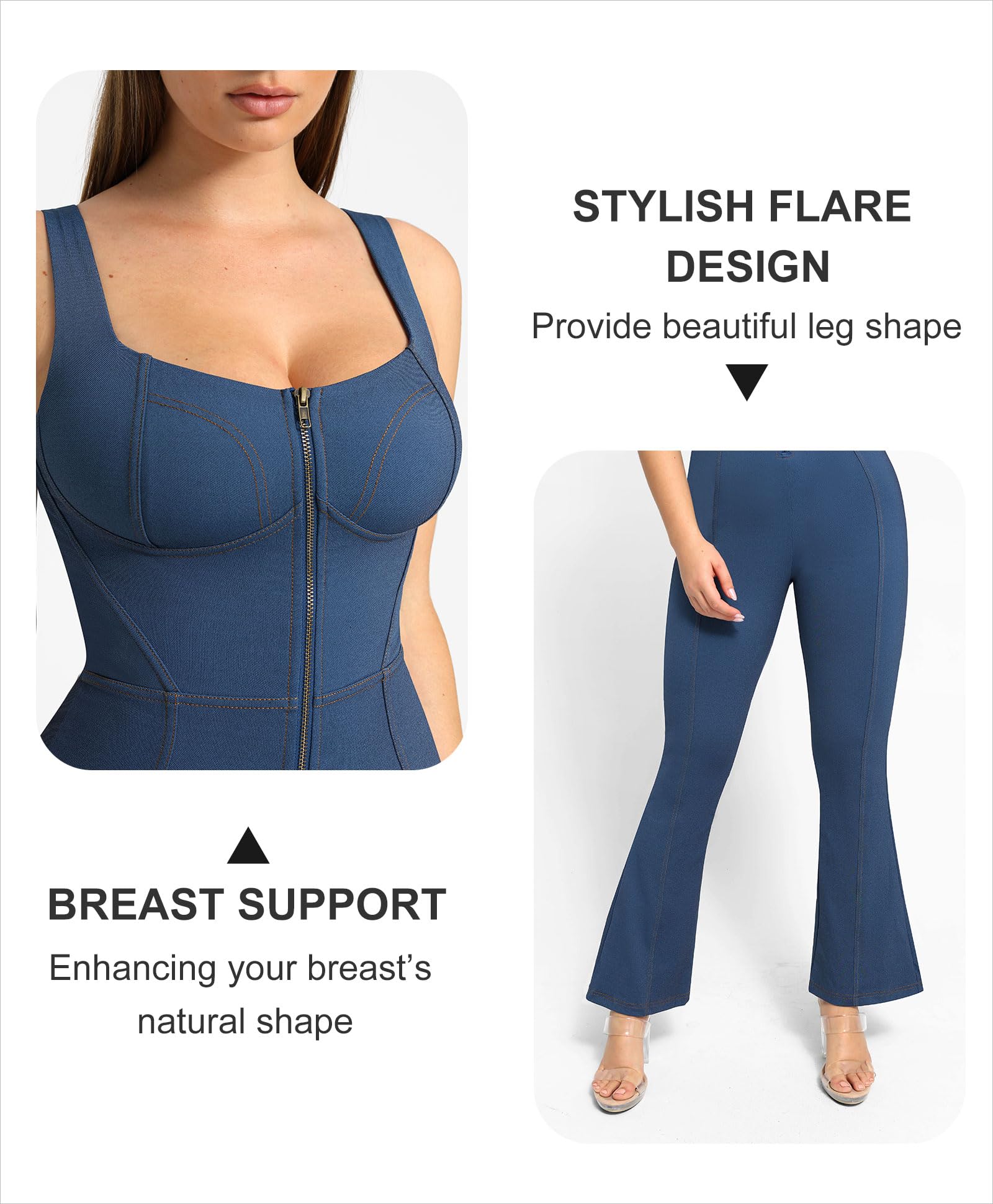 Popilush Shapewear Jumpsuit for Women - Faux Denim Bodysuit with Tummy Control & Built-in Shapewear | Slimming Jean Romper for Everyday Wear, Date Night & Special Occasions