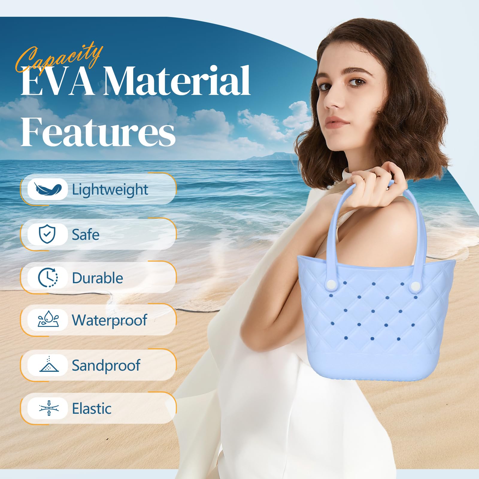 Waterproof Small Rubber Tote Beach Bag for Women & Girls - Lightweight, Durable & Cute (Blue) | Perfect for Beach Trips, Poolside, Shopping & Travel Accessories