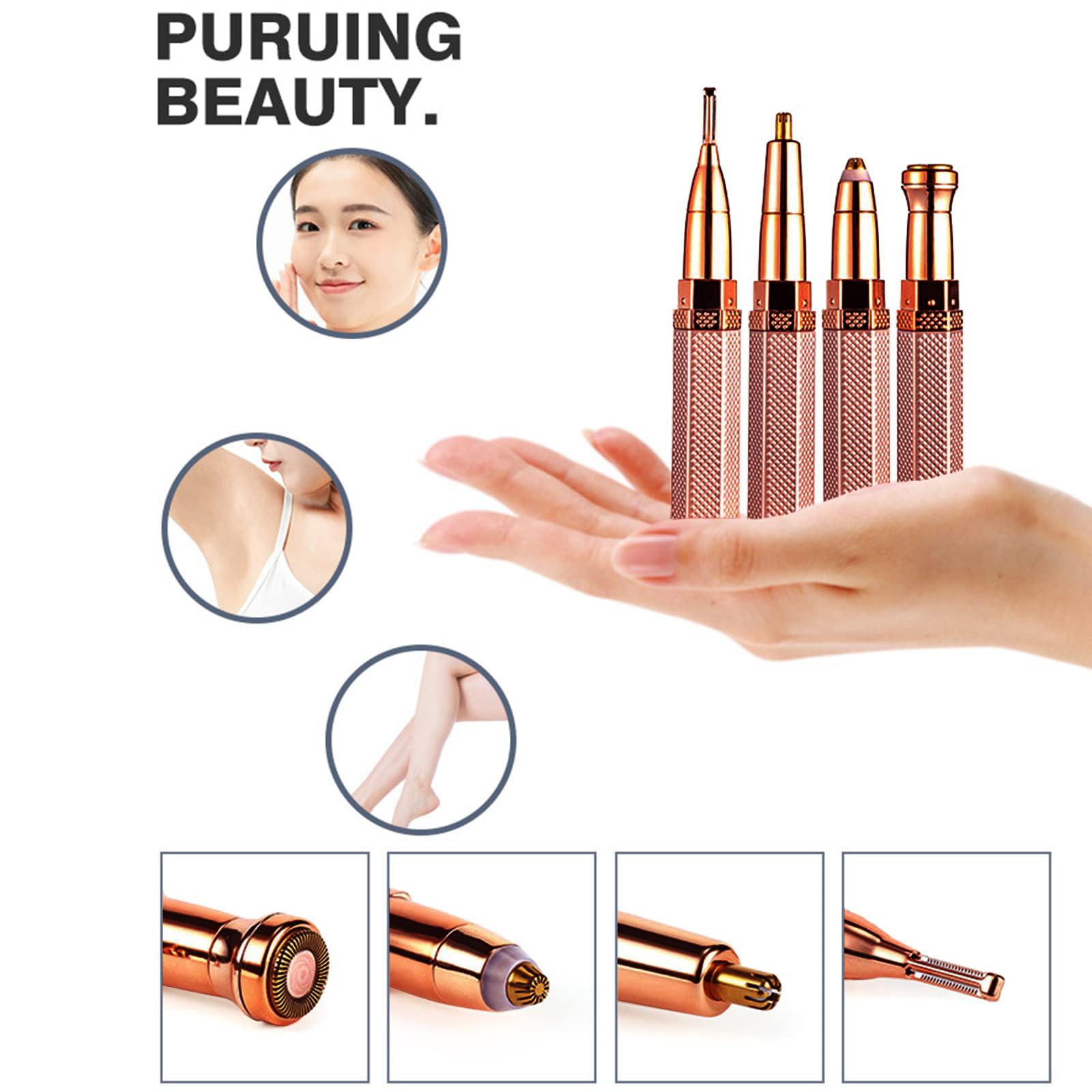 4-in-1 Rechargeable Eyebrow Trimmer & Painless Facial Hair Remover - Lady Shaver for Face, Eyebrows, Nose, Ears & Body (Rose Gold) - Perfect for Travel, Home Use & Daily Grooming Routine