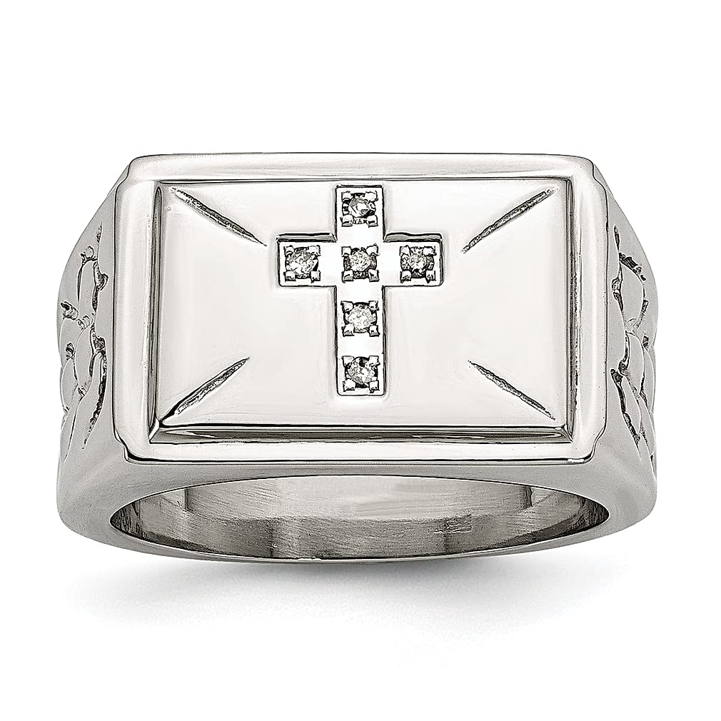 ICE CARATS Stainless Steel Textured 1/15 Carat Diamond Cross Religious Wedding Band Ring for Men - 13.25mm Fashion Jewelry Gift for Dad, Husband & Him - Perfect for Weddings, Anniversaries & Religious Occasions