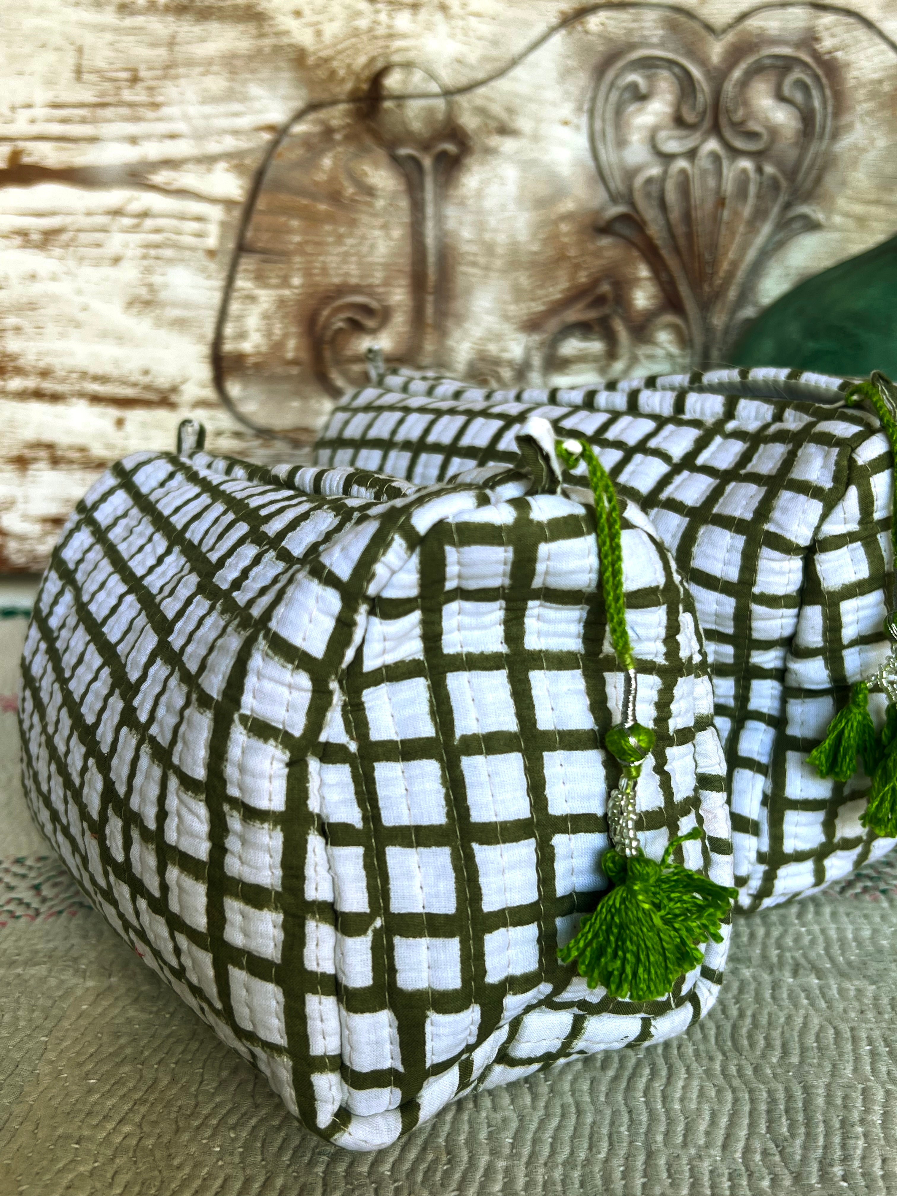 Handmade Block Printed Cotton Cosmetic Bags for Makeup & Toiletry - 3 Sizes (Small, Medium, Large) - Perfect for Travel, Gym & Daily Organizer