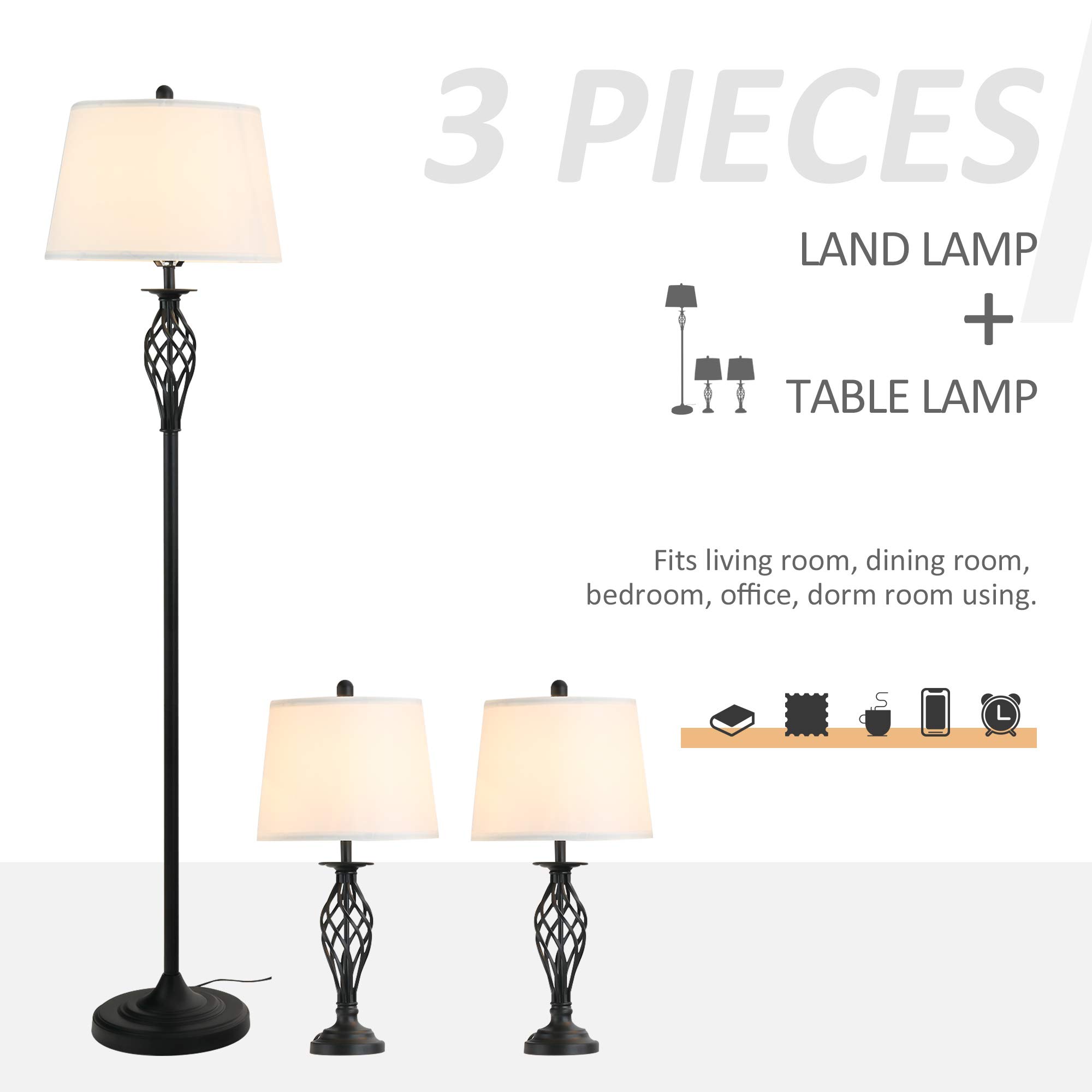 HOMCOM 3-Piece Modern Table & Floor Lamp Set - Metal Pole, Round Base, Fabric Lampshade - Black/White Lighting for Living Room, Bedroom & Office Decor