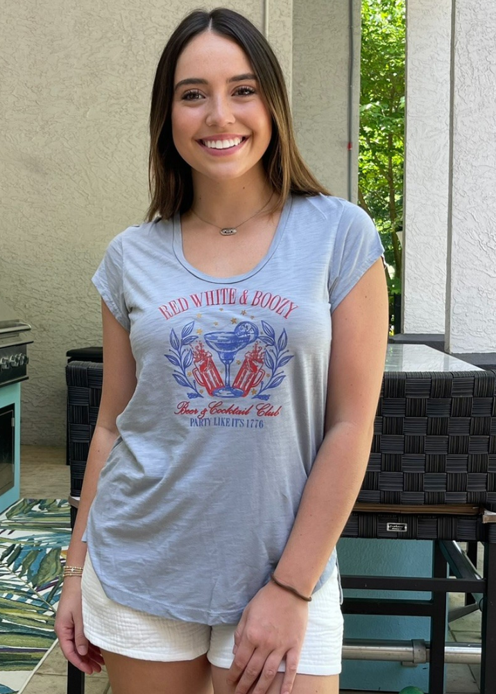 Red White and Boozy Graphic Patriotic 4th of July T-Shirt - American Flag Themed Party Shirt for Independence Day Celebrations, BBQ Parties & Summer Festivals