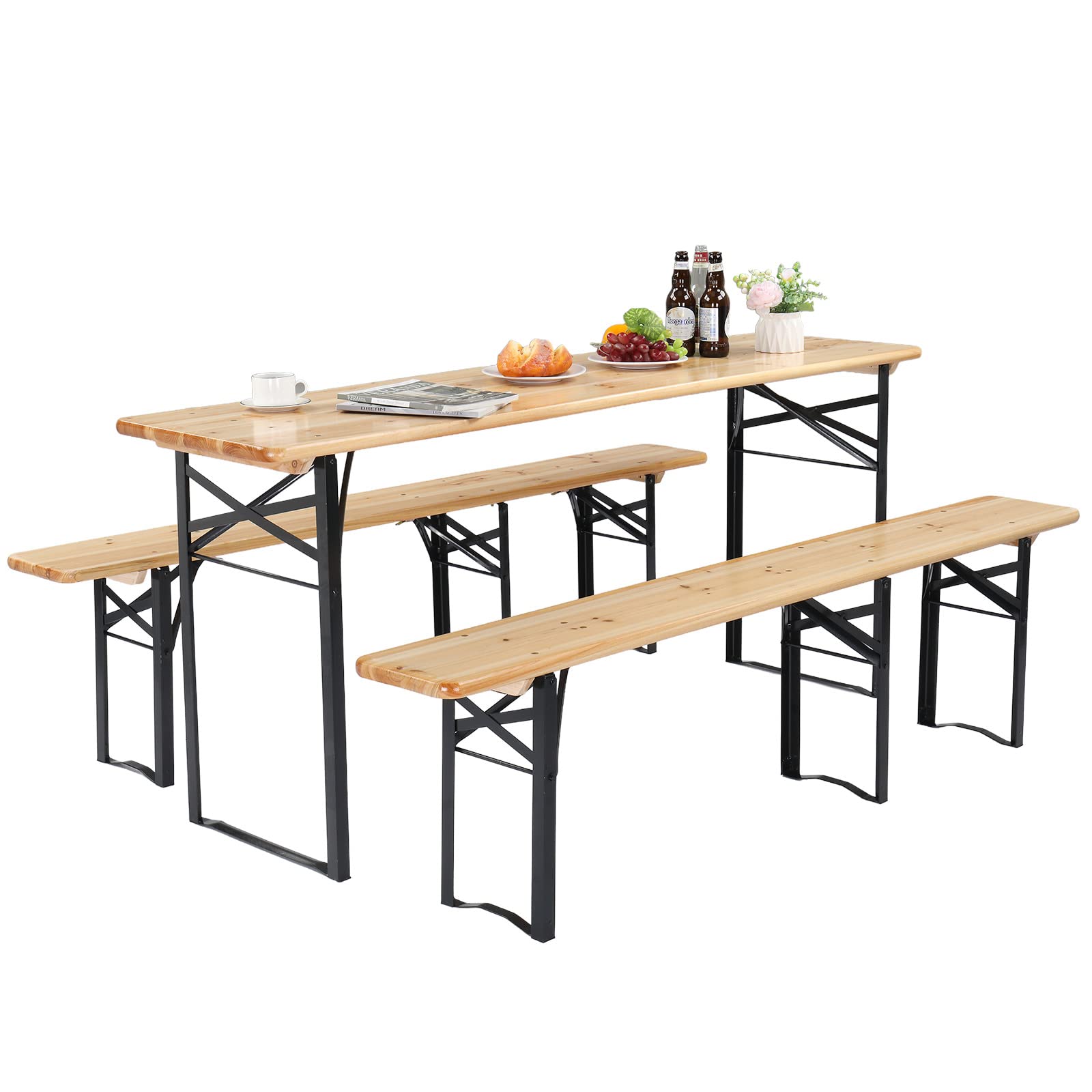 VINGLI 70 Inch Folding Picnic Table with Benches Set - Weather-Resistant Wooden Outdoor Dining Table, 3-Piece Portable Camping BBQ Table with Carry Handles - Perfect for Backyard, Garden, Patio, and Outdoor Gatherings