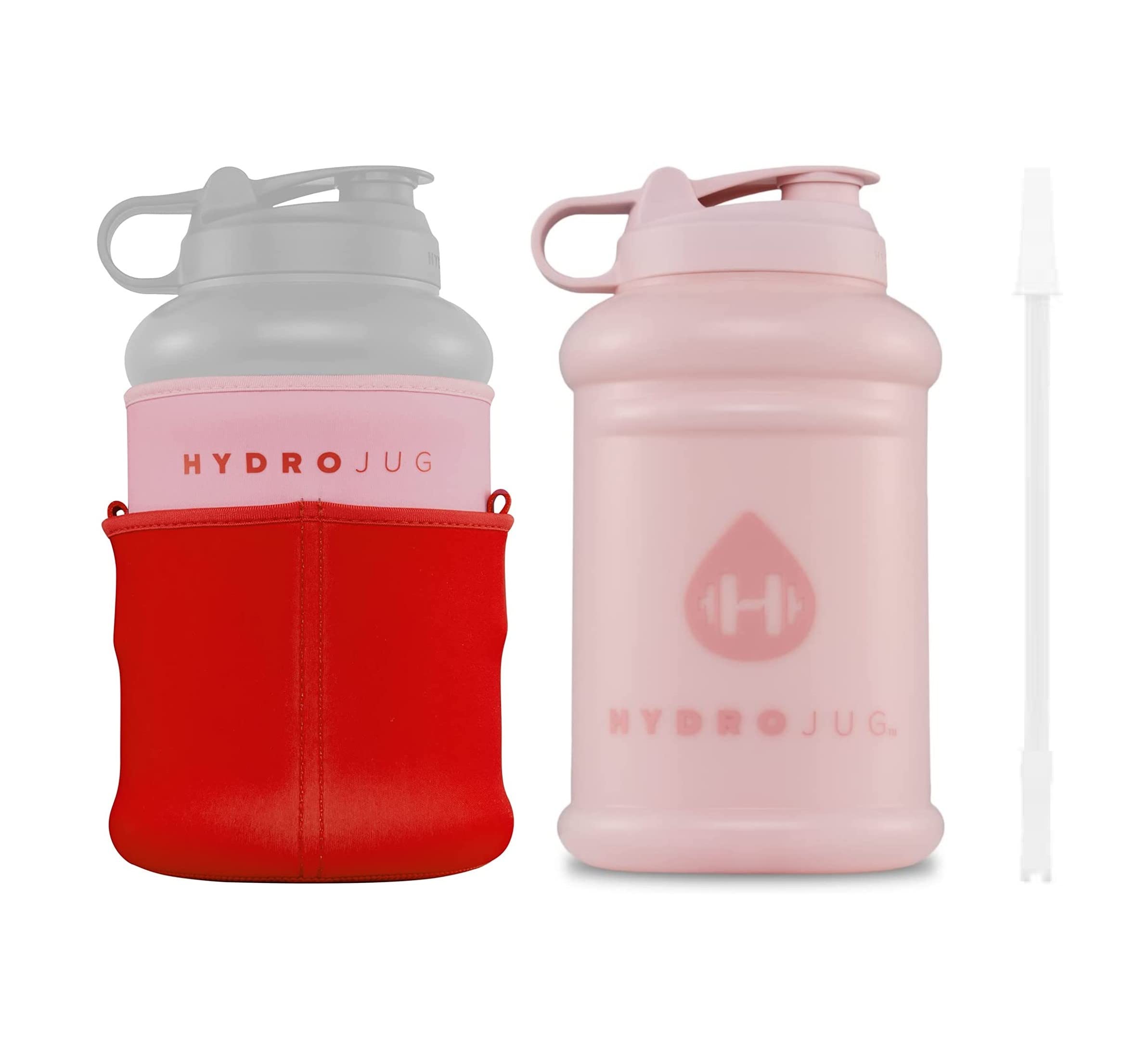 HydroJug 64oz Half Gallon Water Bottle with Handle - BPA Free, Durable & Reusable with Insulating Neoprene Sleeve & Straw - Pink Sand & Red (Gym, Hiking, Office, Outdoor Activities)