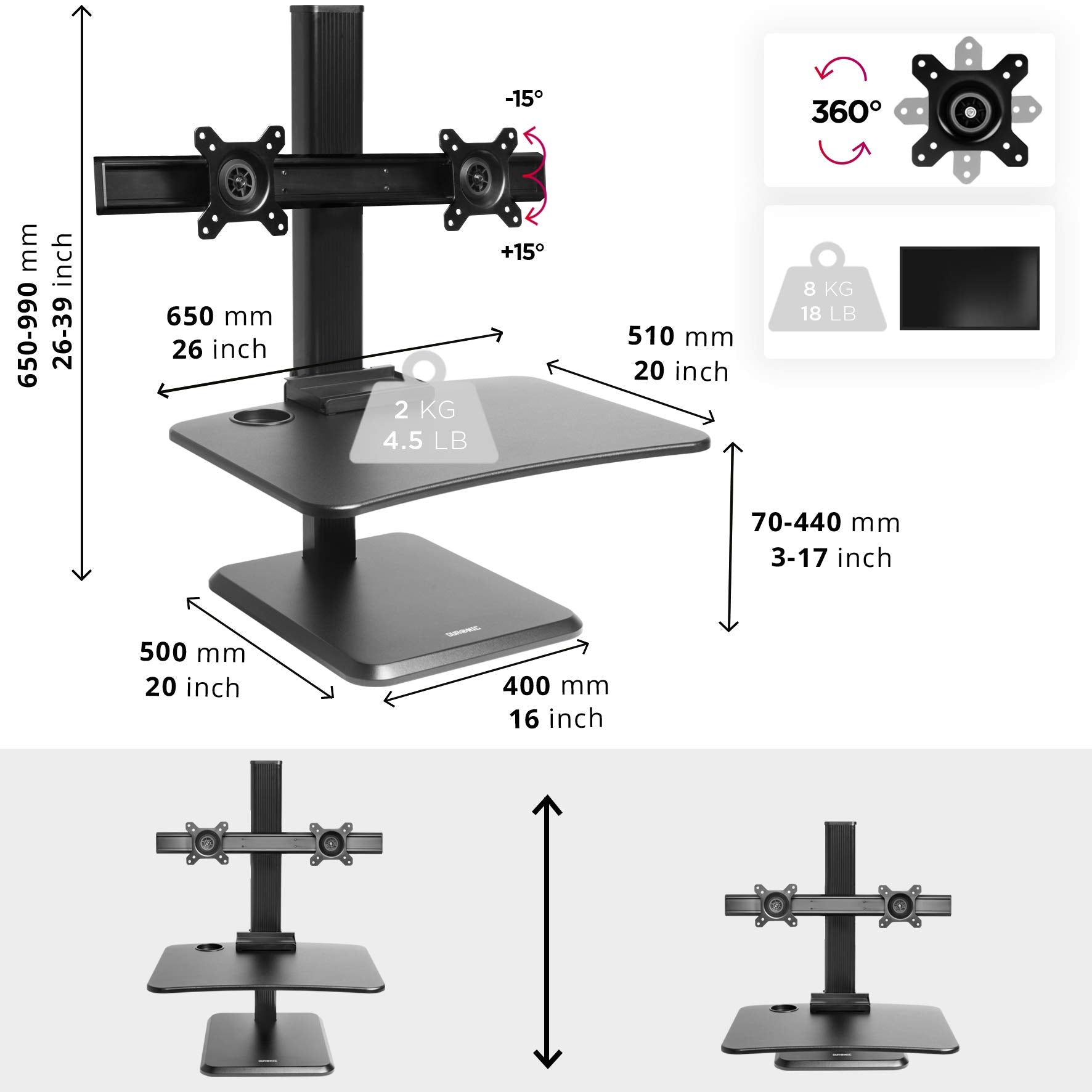 Duronic DM05D15 Height Adjustable Standing Desk Converter - 25.6