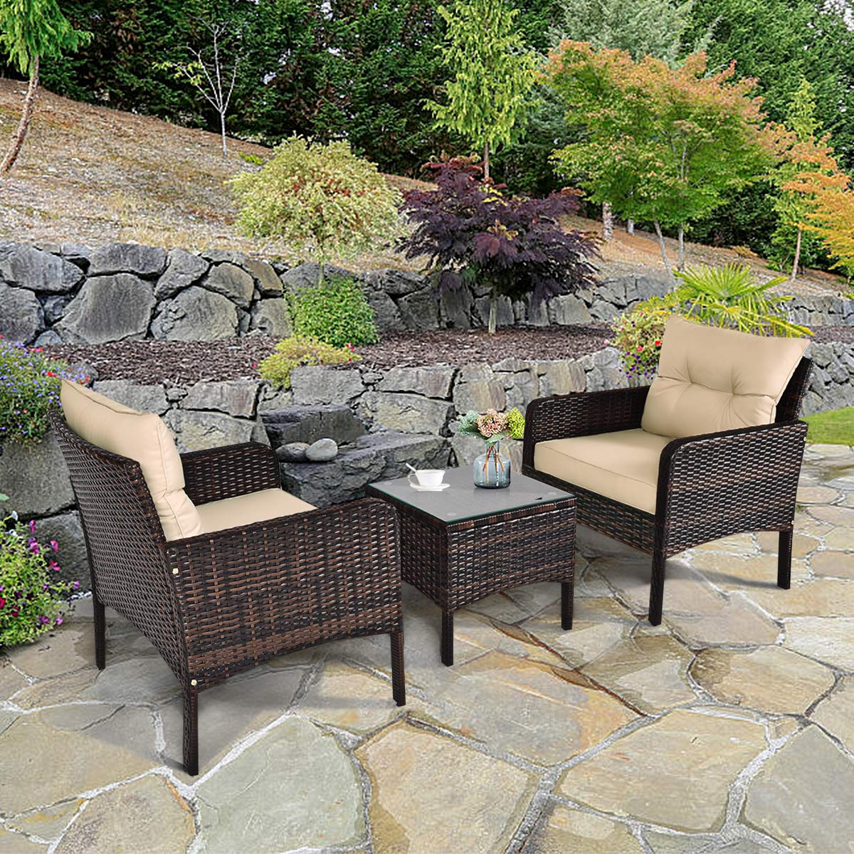**HAPPYGRILL 3-Piece Outdoor Patio Furniture Set - Rattan Wicker Coffee Table & Chairs with Cushions - Perfect for Garden, Balcony, Backyard, Poolside & Outdoor Relaxation**