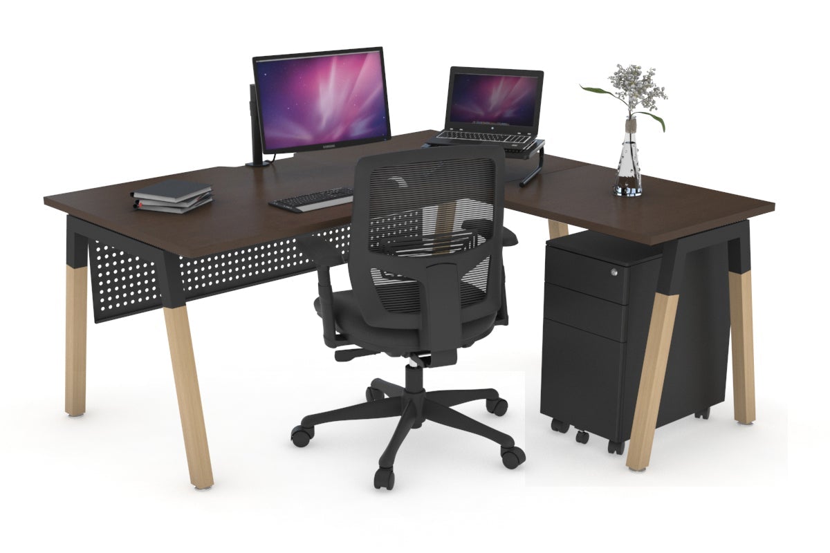 Quadro A Legs L-Shaped Corner Office Desk with Wood Legs & Cross Beam - 1400L x 1800W, Cable Management Scallop - Perfect for Home Office, Gaming Setup & Workspace Organization