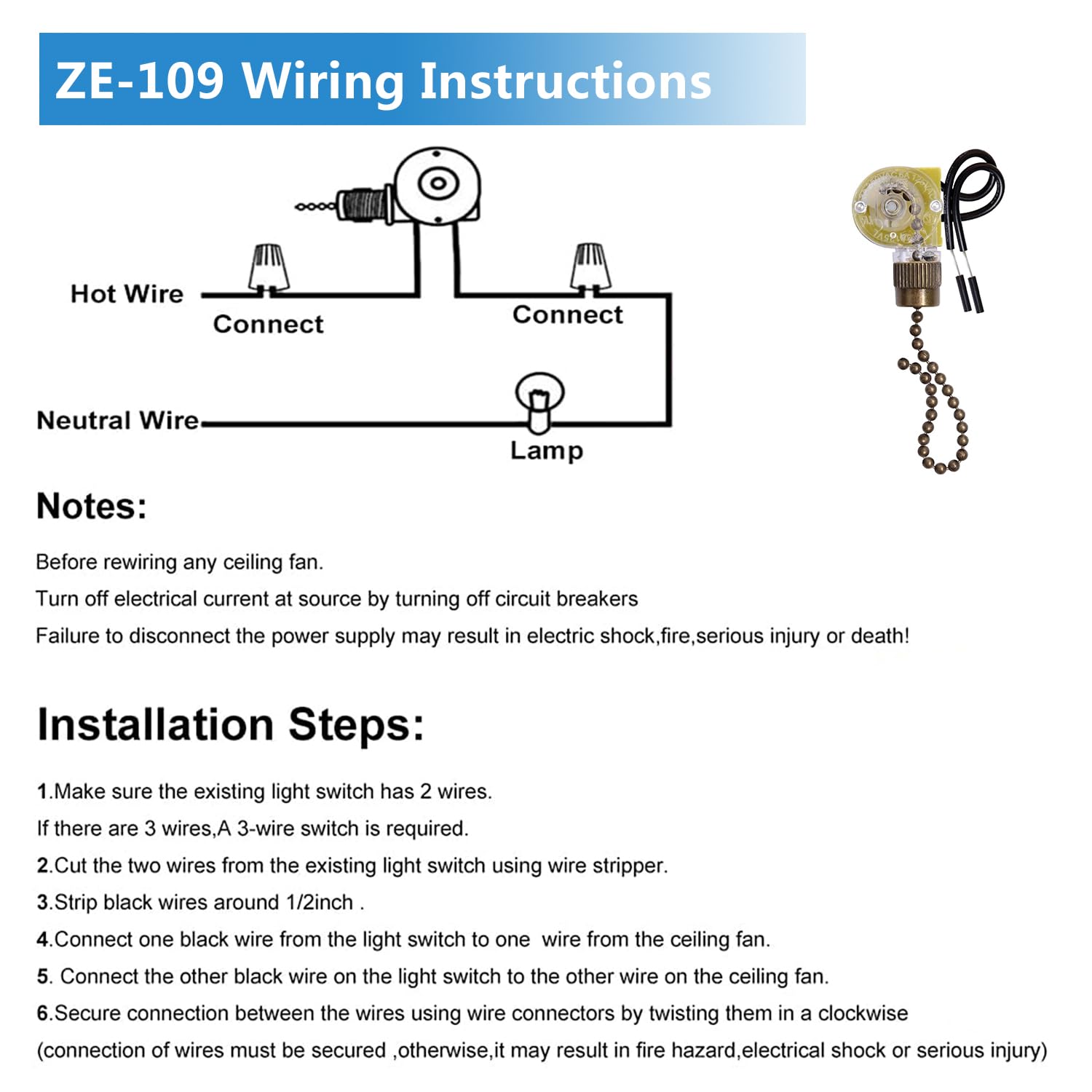 Zing Ear ZE-109 Ceiling Fan Switch with Pull Chain - 3 Speed Control & On/Off Function - Compatible with Hunter and Other Ceiling Fans, Lamps, Wall Lights (Bronze Finish) - Perfect for Bedroom, Living Room, and Office Lighting Control