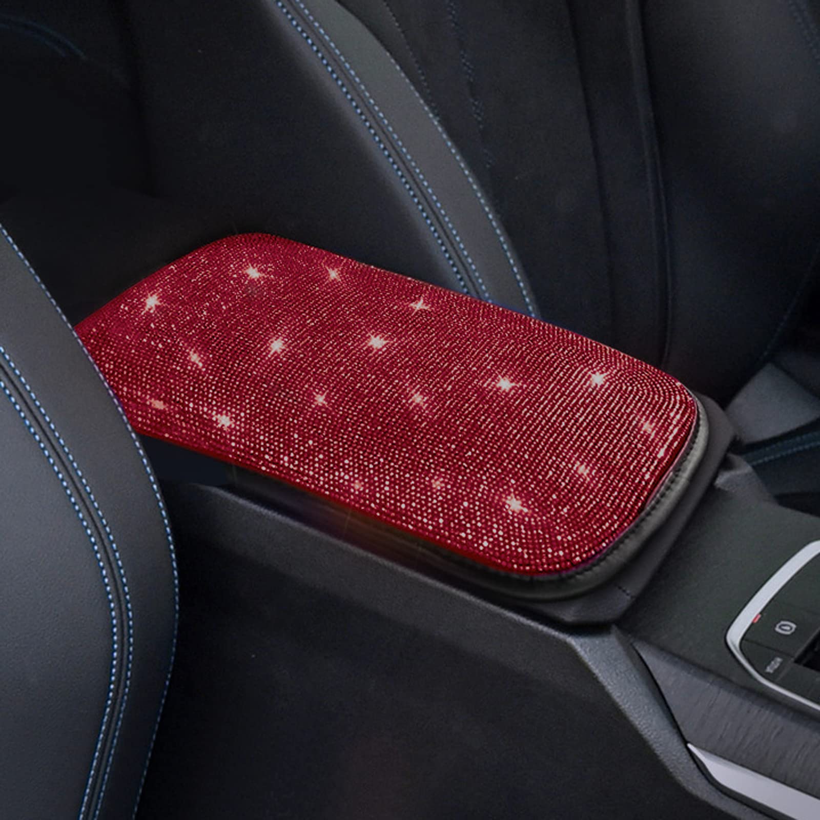 FUNOJOY Bling Diamond Rhinestone Car Armrest Cover for Women - Red Auto Center Console Cover Pad, Luxury Car Accessories & Decor - Perfect for Sedans, SUVs & Daily Commute