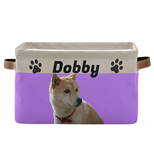 Personalized Collapsible Dog Toy Storage Basket with Leather Handles - Custom Pet Toy Organizer for Dog Toys, Clothes & Accessories (Purple) - Perfect for Home, Living Room & Pet Play Area Organization