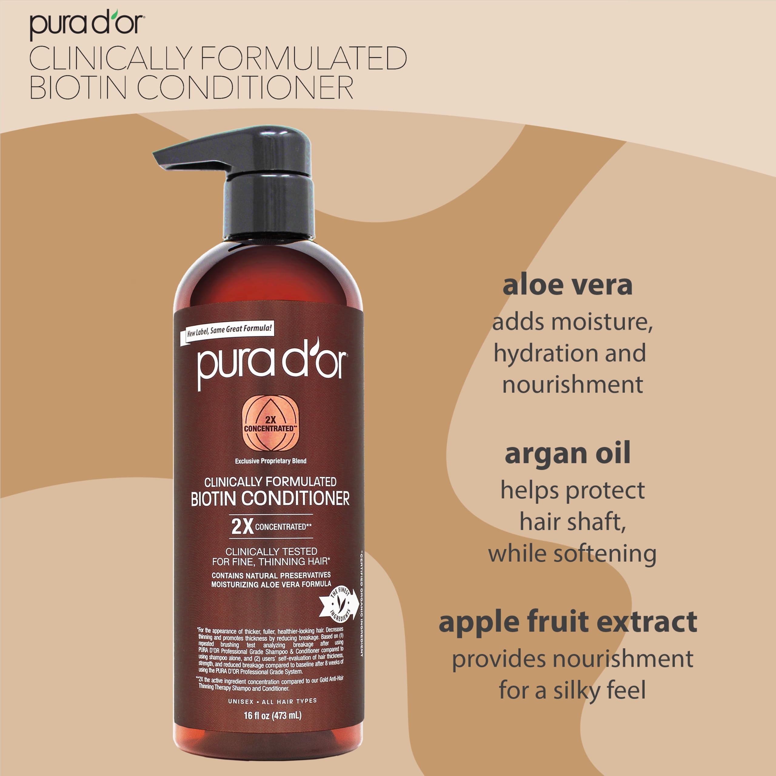 PURA D'OR 16 Oz Biotin Hair Conditioner for Thinning Hair - Clinically Formulated Thickening Treatment with 2X Herbal Blend - Professional Grade Daily Hair Care for Women & Men - Perfect for Damaged Hair Repair & Volume Boost