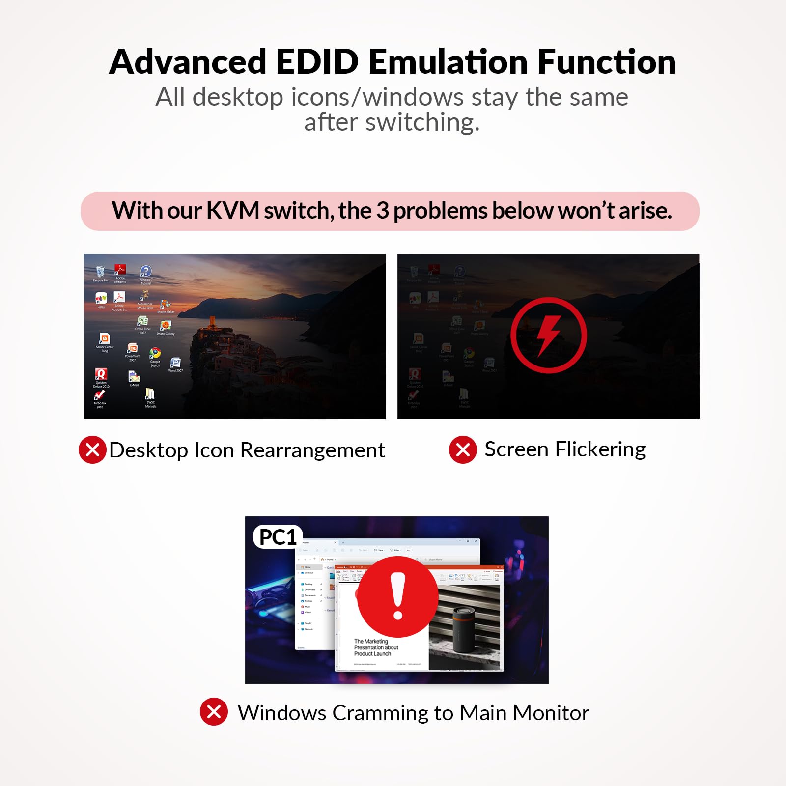 4K Dual Monitor KVM Switch for 2 Computers - 2 Port HDMI KVM Docking Station with EDID, 1G Ethernet, 100W USB-C Charging & 3 USB 3.0 Ports - Perfect for Home Office, Gaming & Multi-Tasking Workspaces