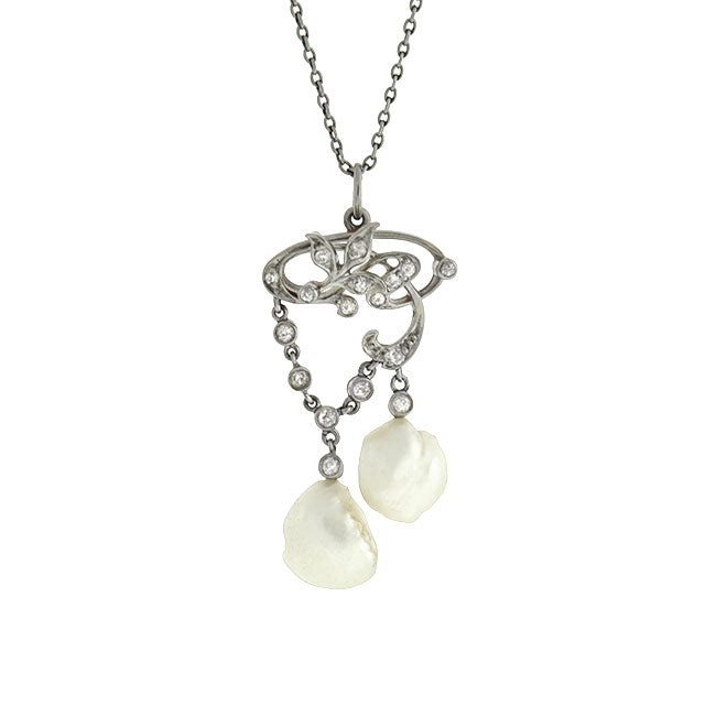 Edwardian Platinum & 14K Gold Diamond Pearl Lavalier Necklace - Vintage Elegance for Weddings & Special Occasions