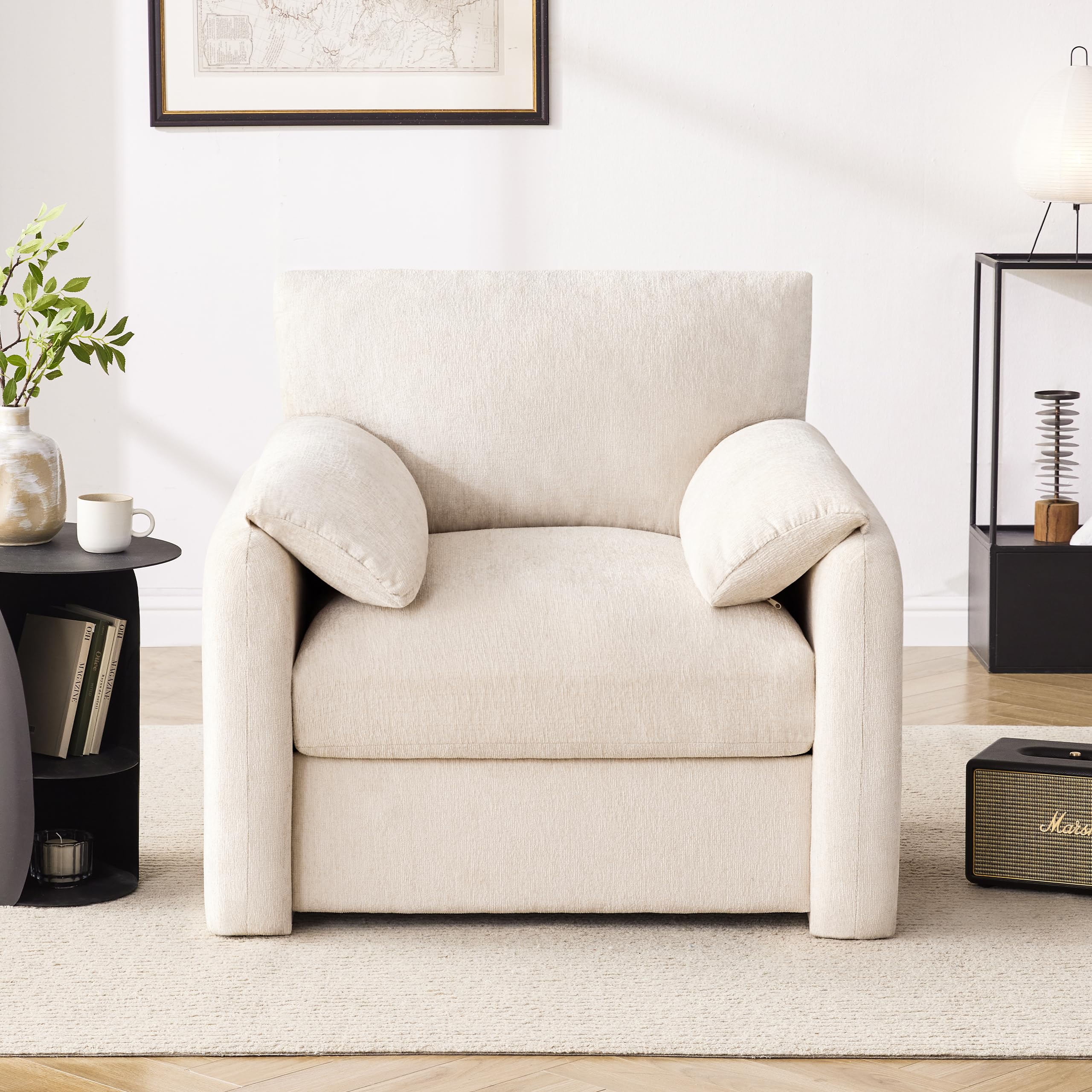 38.6'' Wide Chenille Oversized Accent Chair - Modern Mid-Century Upholstered Armchair for Living Room & Bedroom - Comfy Reading Chair & Single Sofa - Perfect for Relaxing, Reading & Home Decor (Beige, 1 Pack)