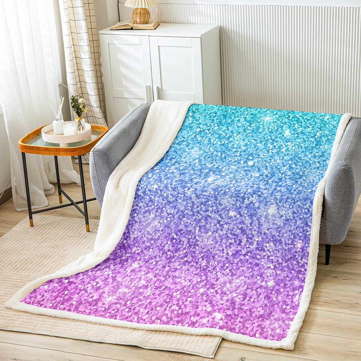 Pastel Rainbow Glitter Fleece Blanket - Soft Lightweight Teal Pink Mermaid Throw for Couch, Bed, Sofa - 90x90 Inches Queen Size Cozy Blanket for Kids, Adults, Women - Perfect Gift for Birthday, Christmas & Home Decor