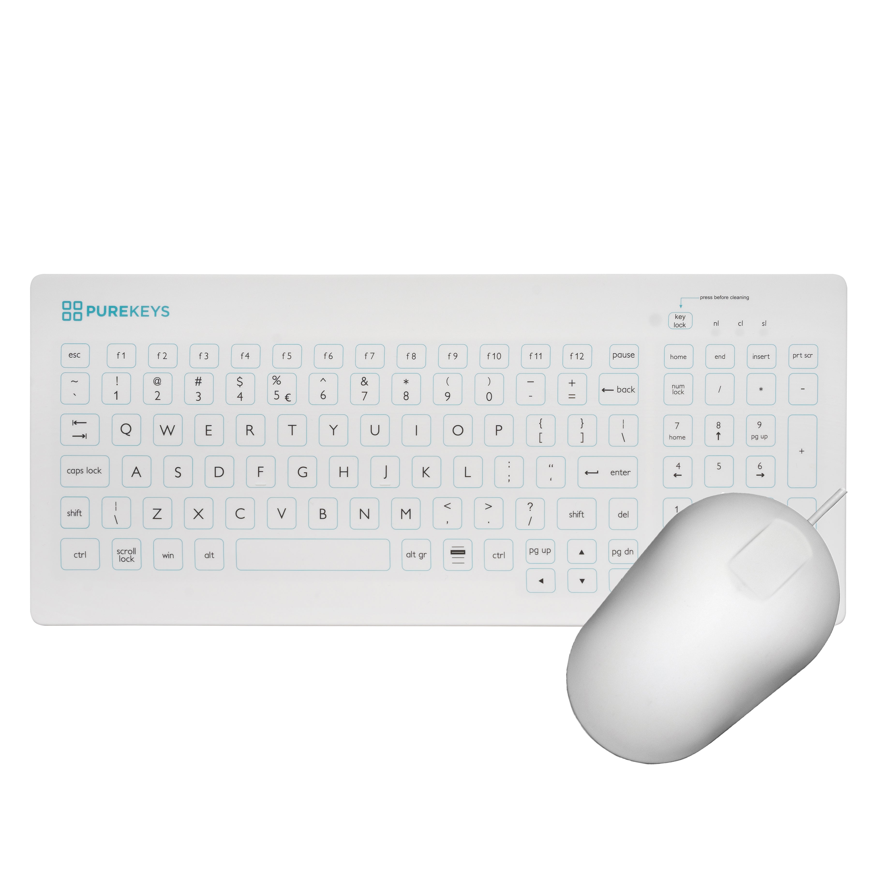 Purekeys Compact Medical Keyboard and Mouse Set - Wired USB, Ergonomic Design for Hospitals & Clinics, Spill-Resistant White Keyboard for Healthcare Professionals