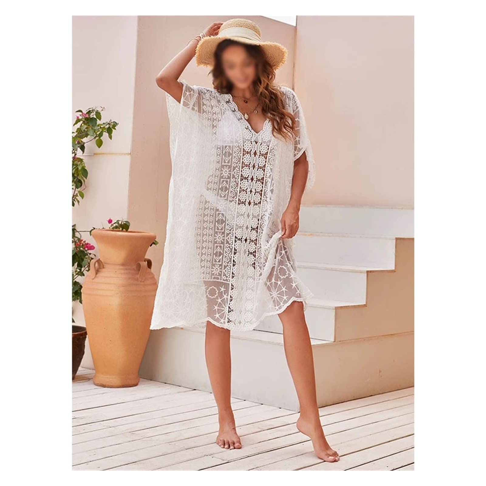White Lace Floral See-Through Bikini Cover Up Dress - Loose Short Sleeve Hollow Out Beachwear for Vacation & Pool Party (One Size)