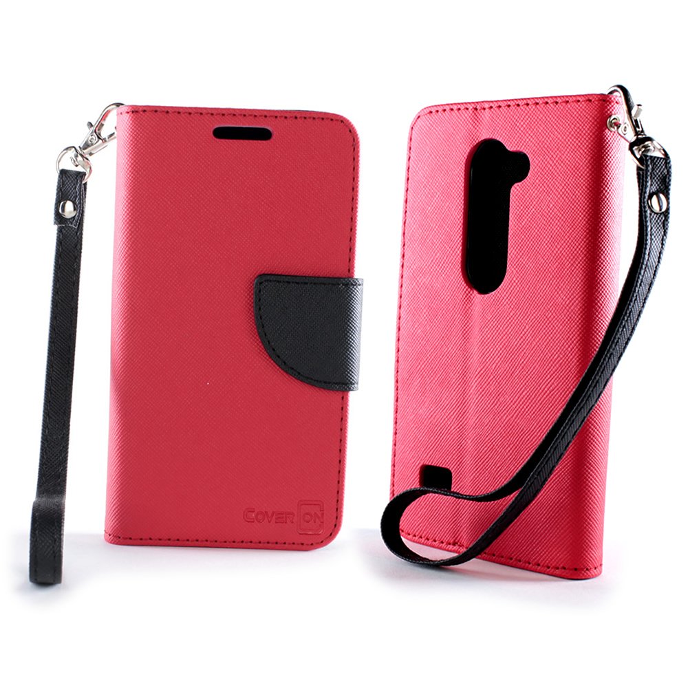 Premium Wallet Case for LG Leon Tribute 2 Risio - Flip Cover with Credit Card Slots & Wrist Strap - Includes Screen Protector (Red & Black) - Perfect for Daily Use, Travel, and Hands-Free Convenience