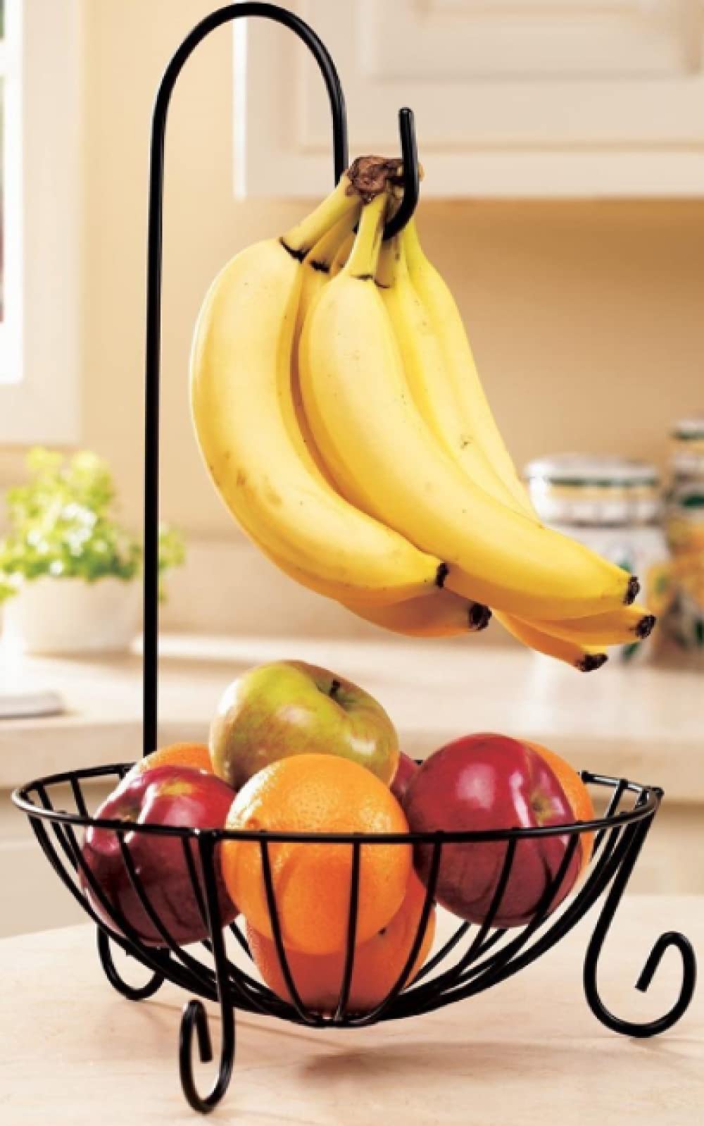 Stainless Steel Fruit Basket with Banana Holder - Modern Fruit Bowl & Storage Organizer for Kitchen Countertop, Dining Table, Office Desk - Durable Metal Banana Hook for Fresh Produce Display