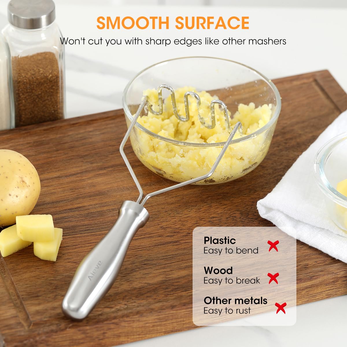 Premium Stainless Steel Potato Masher - Heavy Duty Ergonomic Design for Smooth Mashed Potatoes, Perfect for Thanksgiving, Family Dinners & Home Cooking