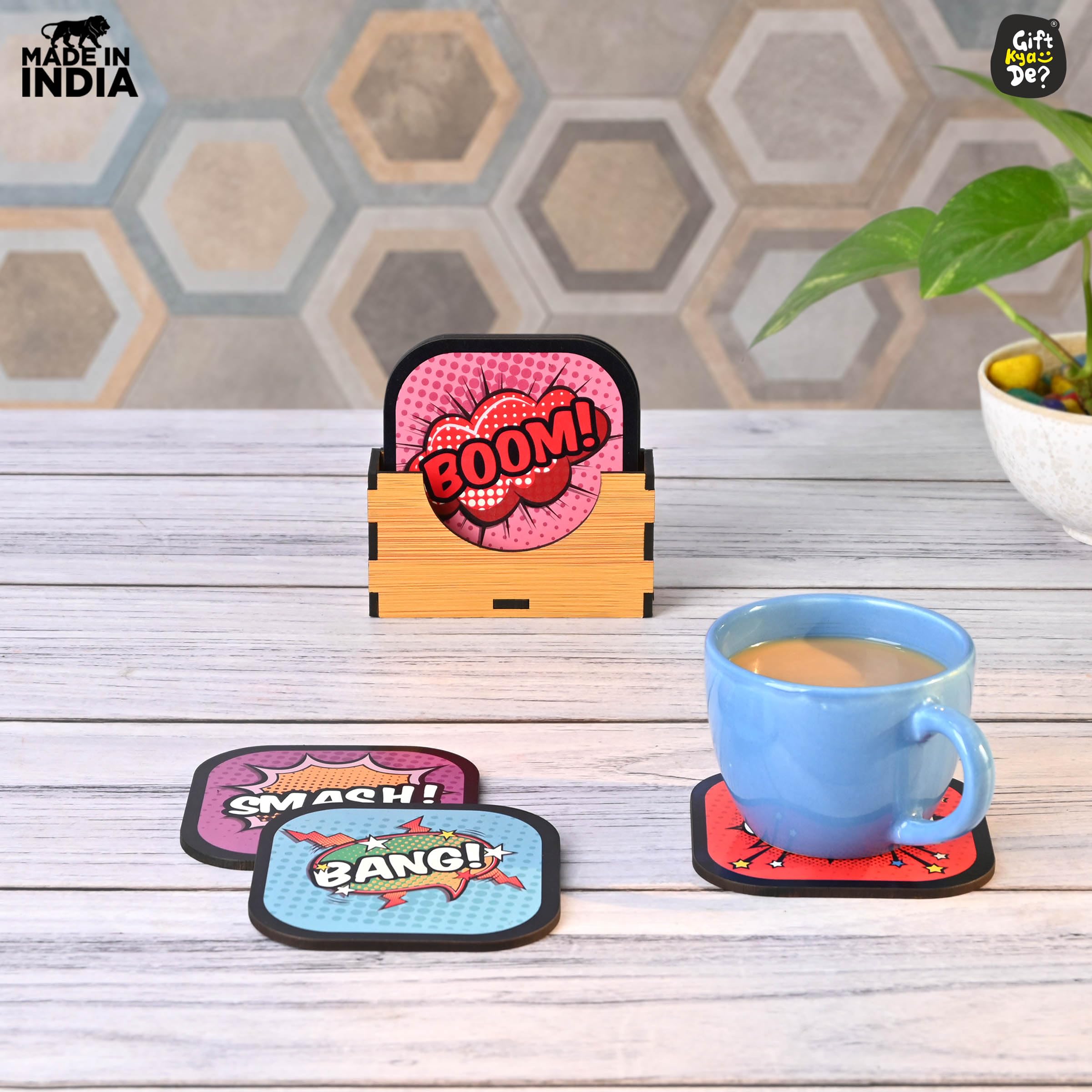 GKD Set of 6 Funky Wooden Coasters for Coffee, Tea & Drinks - 3.8x3.8 Inch Eco-Friendly Absorbent Coasters with Unique Designs - Perfect for Home, Office & Restaurant Use