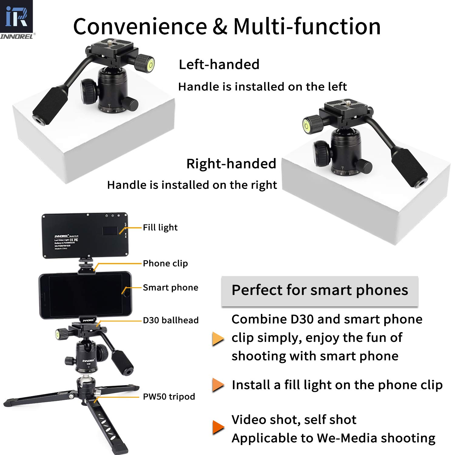 INNOREL D30 Heavy Duty Tripod Ball Head with Handle - 360° Panoramic Ballhead for DSLR, Camcorder, Telescope | 1/4