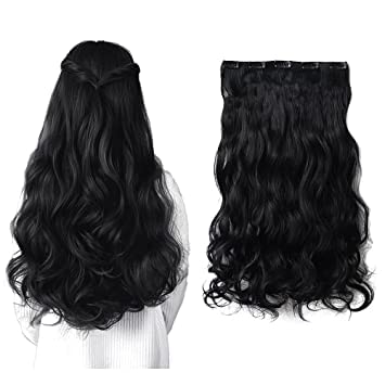 5 Clip In Wavy/Curly Synthetic Hair Extensions for Women & Girls - 22 Inches Black Human-Like Hair - Perfect for Parties, Weddings & Daily Styling