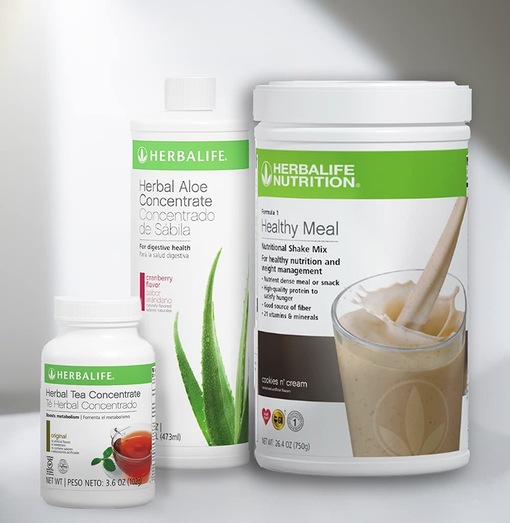 HERBALIFE Trio Combo: Formula 1 Nutritional Shake Mix (Cookies & Cream 750g), Herbal Aloe Concentrate (Cranberry 16oz), Herbal Tea Concentrate (Original 3.6oz) - Weight Management & Wellness Bundle for Busy Professionals