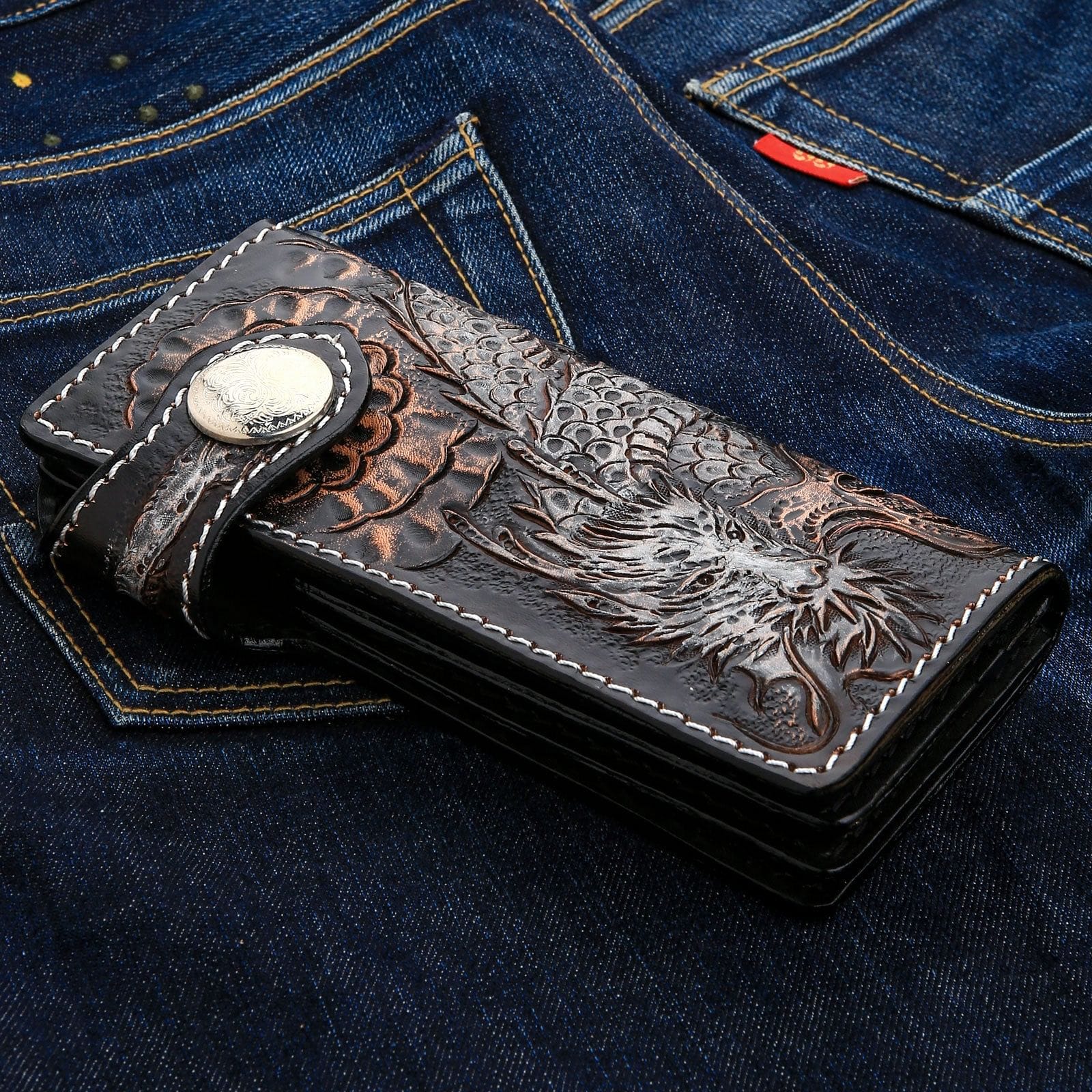 Premium Genuine Leather Biker Wallet for Men - RFID Blocking - Dragon Rider Design - Perfect for Motorcycle Enthusiasts & Gift Giving