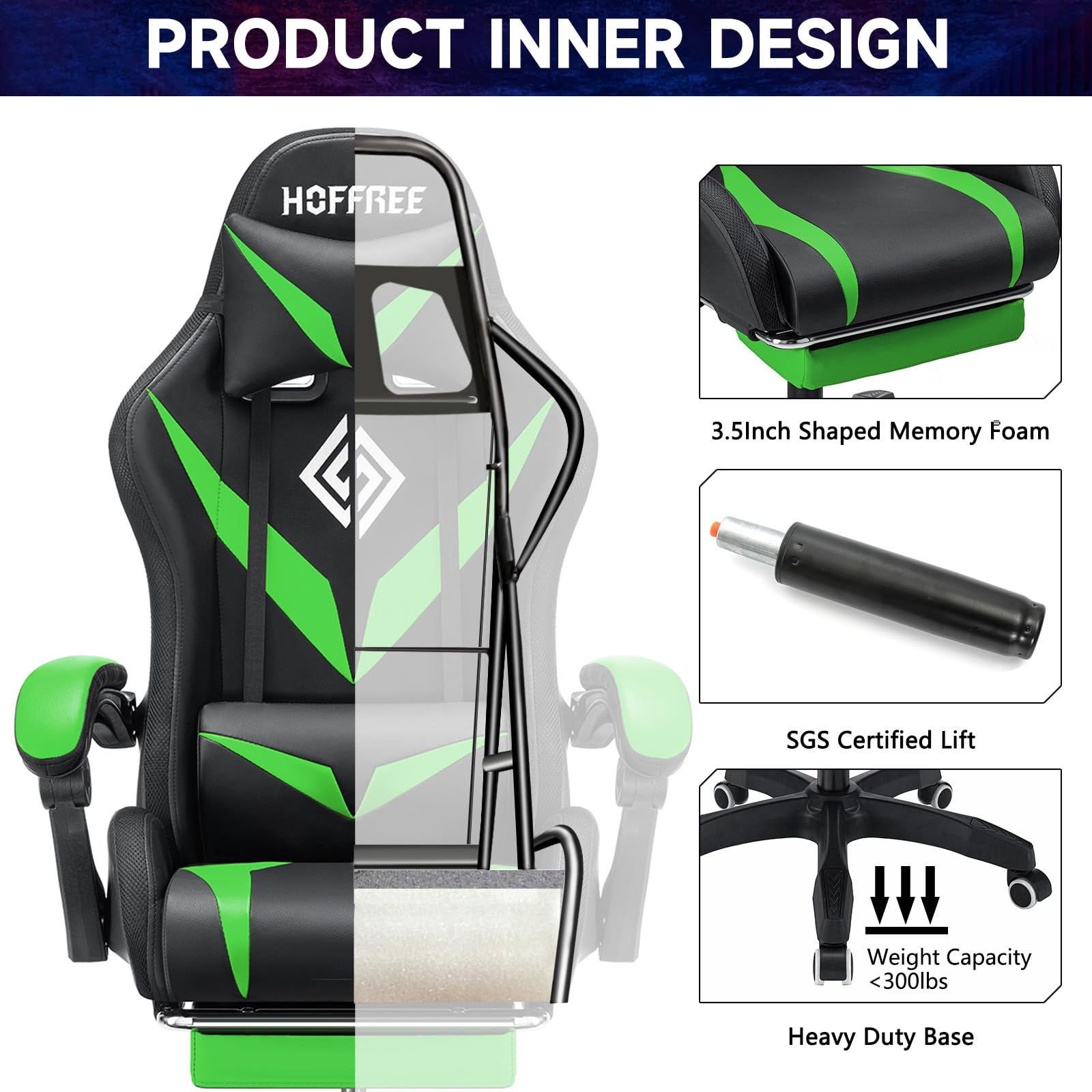 Ergonomic Gaming Chair with LED Lights, Massage & Adjustable Lumbar Support - High Back Computer Chair with Footrest & Linkage Armrest (Green/Black) - Perfect for Esports, Streaming & Home Office Setup