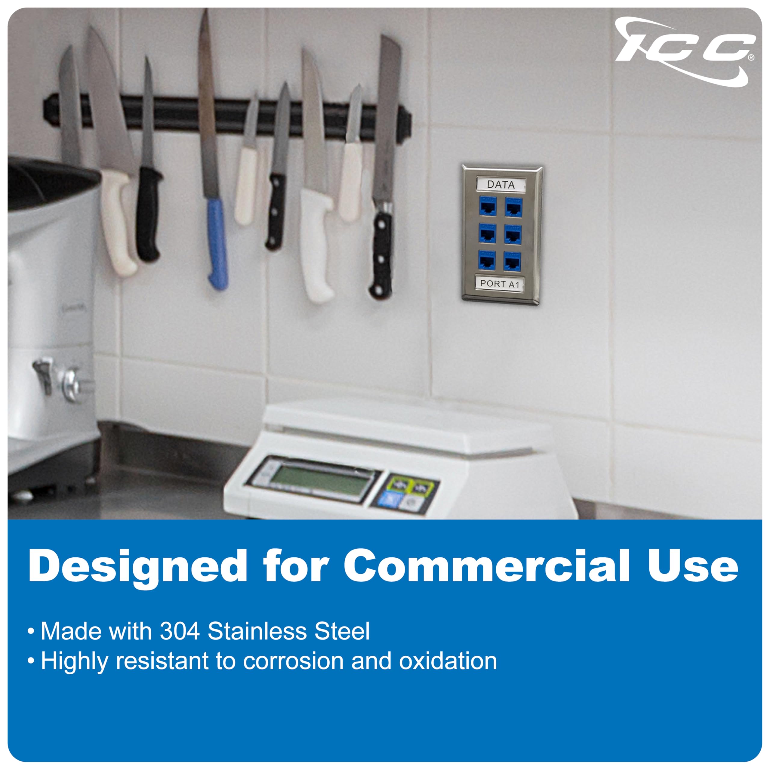 ICC Station 6-Port Stainless Steel Faceplate for EZ/HD Style Single Gang - Ideal for Network Racks, Server Rooms & Office Wiring Installations