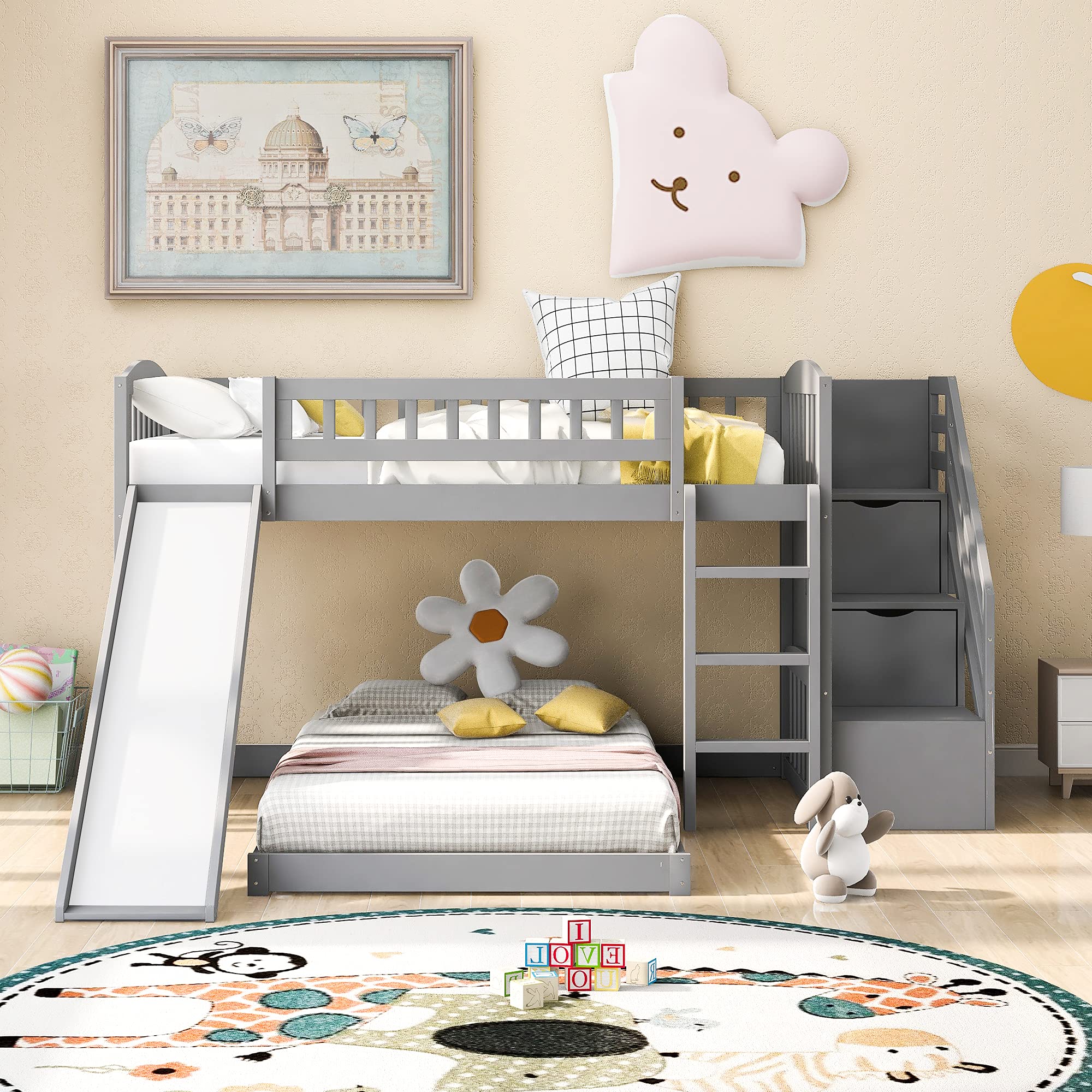 Twin Over Twin Bunk Bed with 2 Drawers, Stairway, Slide & Ladder - Space-Saving Kids Bunk Bed for Siblings, Teens & Guest Rooms - No Box Spring Needed - Perfect for Small Bedrooms & Vacation Homes