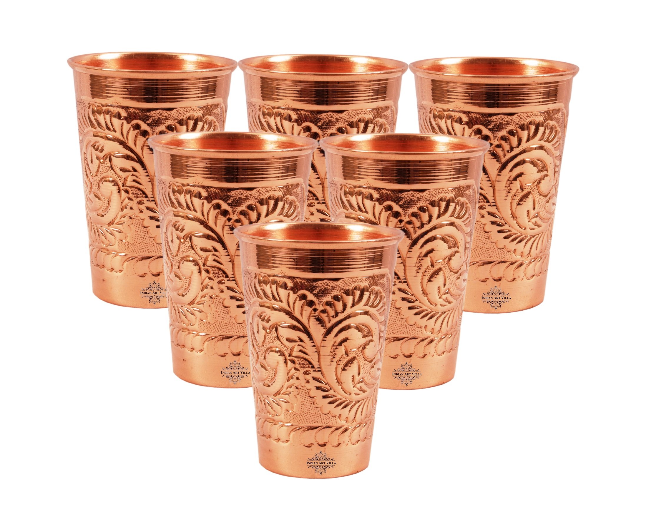 Handmade Pure Copper Set of 6 Glass Cups - 12 oz Copper-Infused Water Glasses for Health Benefits | Indian Art Villa | Perfect for Home, Office & Ayurvedic Wellness Rituals