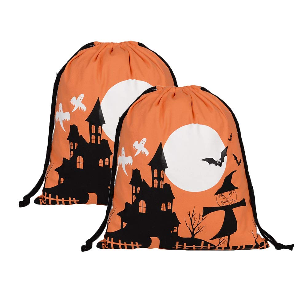 DOITOOL 2 Pack Halloween Candy Bags - Orange Castle Pattern Drawstring Trick or Treat Bags, Reusable Canvas Gift Pouches for Kids, Perfect for Halloween Parties, School Events & Trick-or-Treating