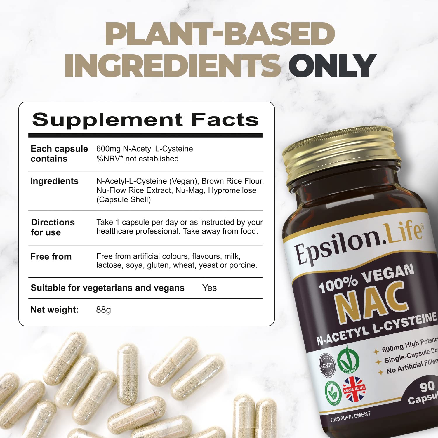 NAC N-Acetyl-Cysteine 600mg Vegan Capsules - 90 Count Glutathione Support Supplement | UK Made, No Artificial Fillers, Pure NAC with Rice Flour | Antioxidant Support for Liver Health & Immune System