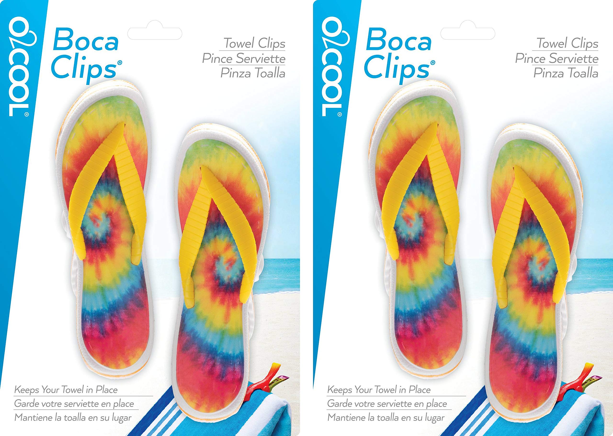 O2COOL Boca Clips - 2-Pack Beach Towel Clips for Chairs, Pool & Patio Accessories, Strong Clothes Pins for Bags, Blankets & Outdoor Gear (Tie Dye Flip Flop Design) - Perfect for Beach, Poolside & Backyard Relaxation