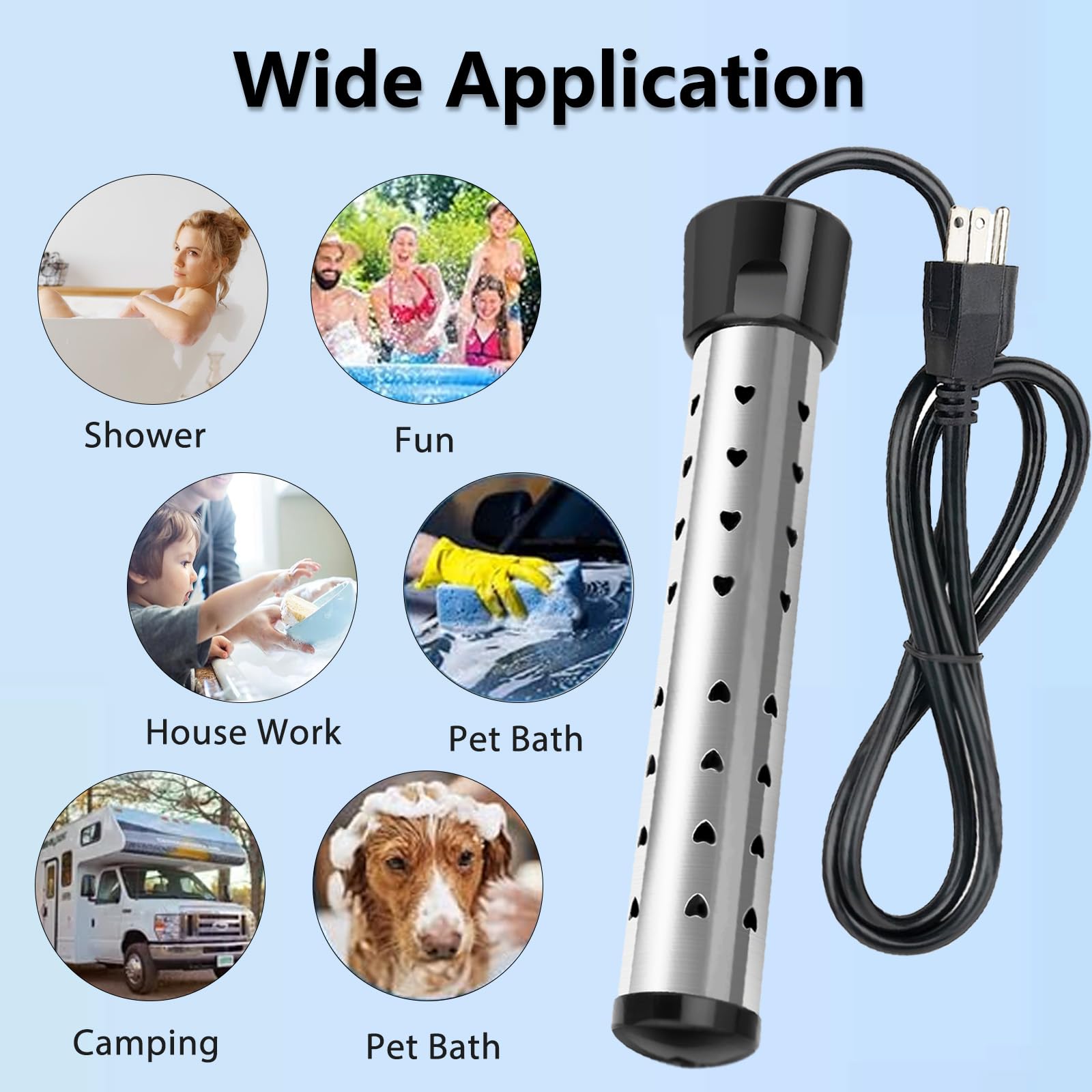 2000W Portable Immersion Water Heater - Fast Heating Bucket Heater with 304 Stainless Steel & Built-in Thermometer - Ideal for Home, Camping, Travel, RV, and Outdoor Hot Water Needs - Perfect for Coffee, Tea, Cooking, and Emergency Heating