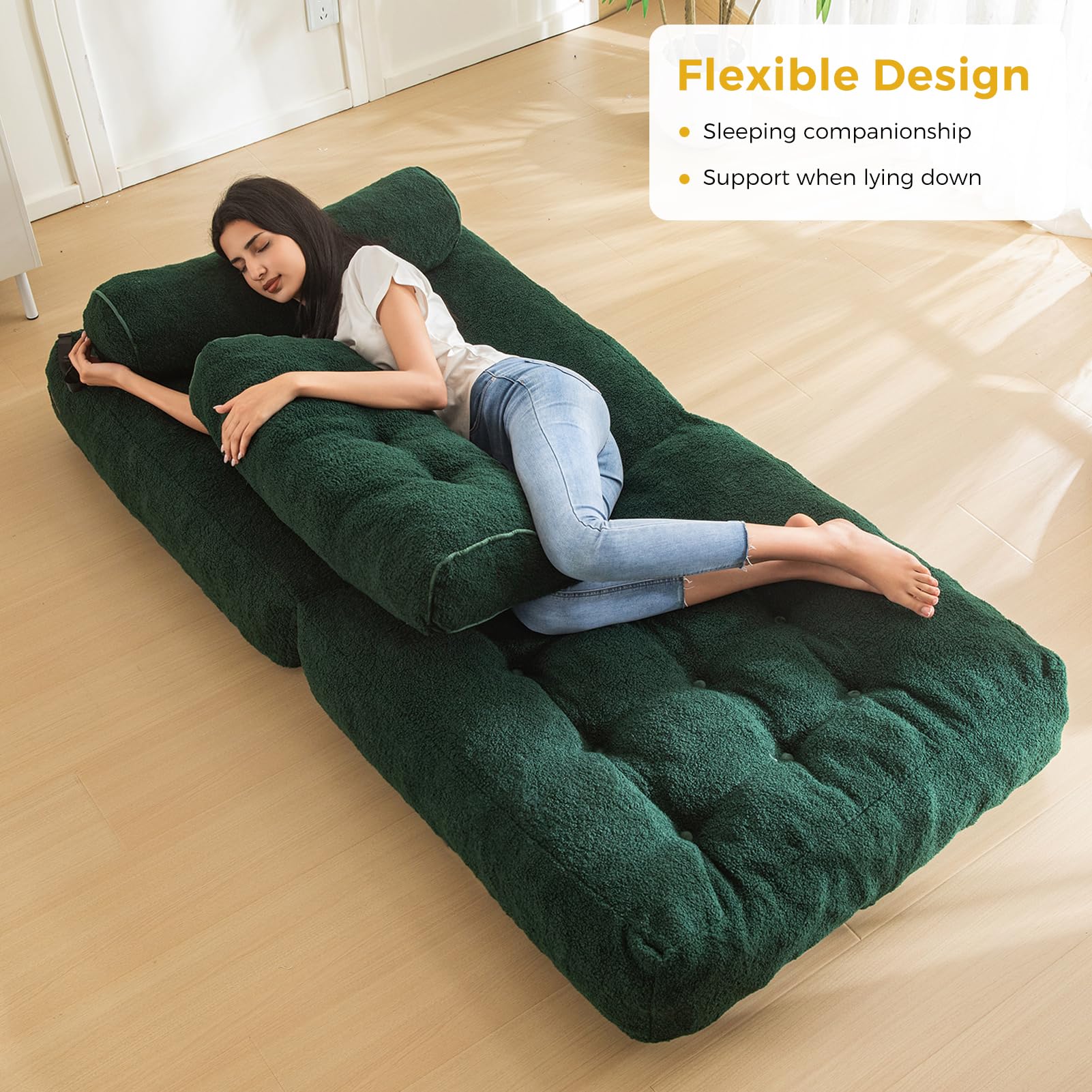 MAXYOYO Fuzzy Folding Sofa Bed - Convertible Sleeper Chair with Pillow & Foldable Mattress - Back Support for Comfort - Green Futon for Small Spaces - Perfect for Guest Room, Dorm, Apartment & Office Use