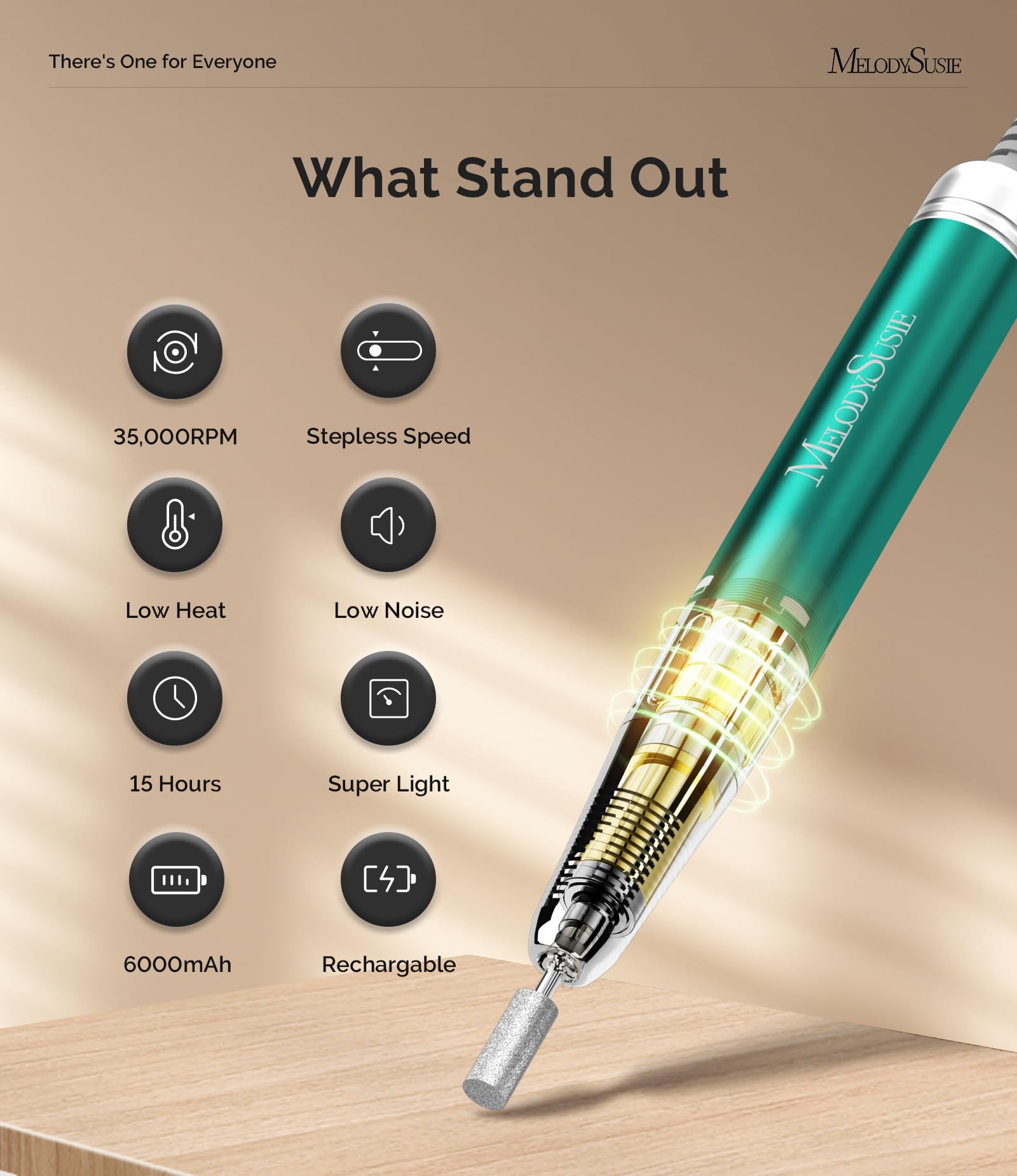 MelodySusie MM400C Professional Cordless Nail Drill - 35000 RPM Rechargeable Electric Nail File for Acrylic & Gel Nails, Includes 8 Drill Bits, Low Noise & Heat - Perfect for Home & Salon Nail Care (Sparkle Plus, Green)