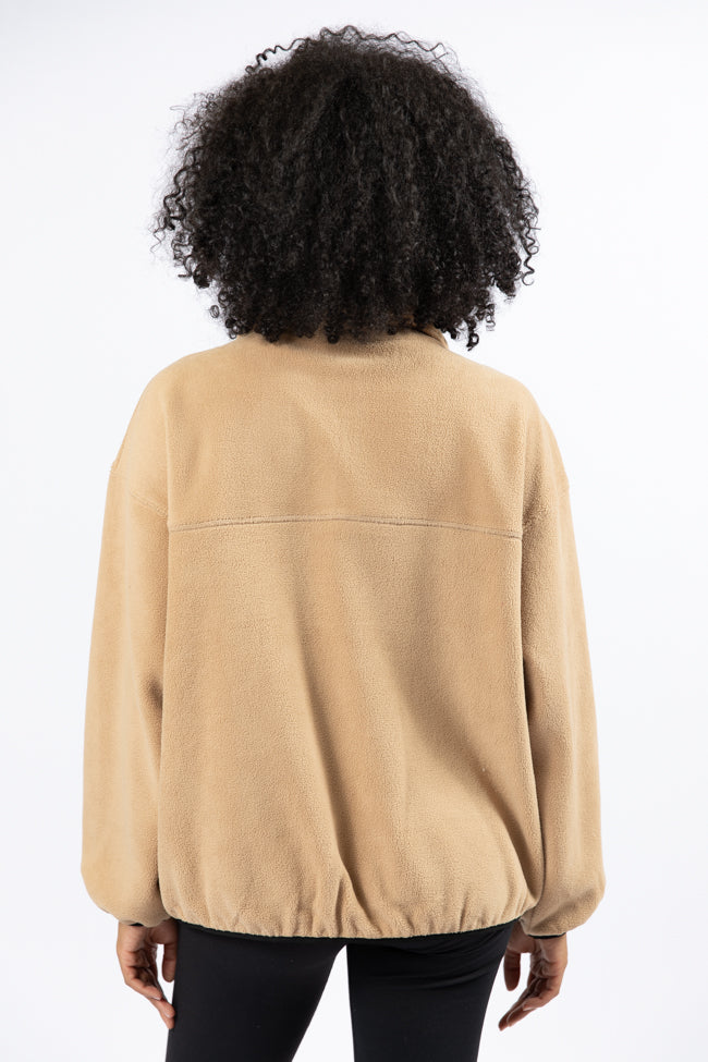 Beige Contrast Trim Fleece Pullover for Women & Men - Cozy Winter Outdoor Wear for Hiking, Camping & Casual Style