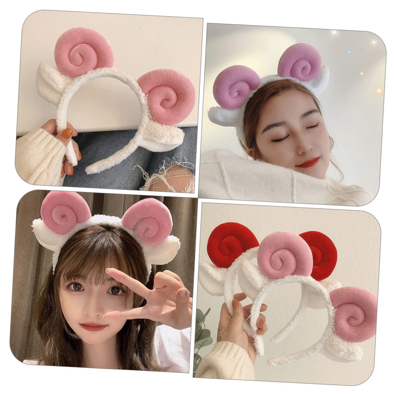 4 Pcs Croissant Headband Hair Bands for Women - Soft Sheep Ears & Alpaca Horns Hair Accessories - Cute Pink Animal Headbands for Dress Up, Cosplay & Themed Parties