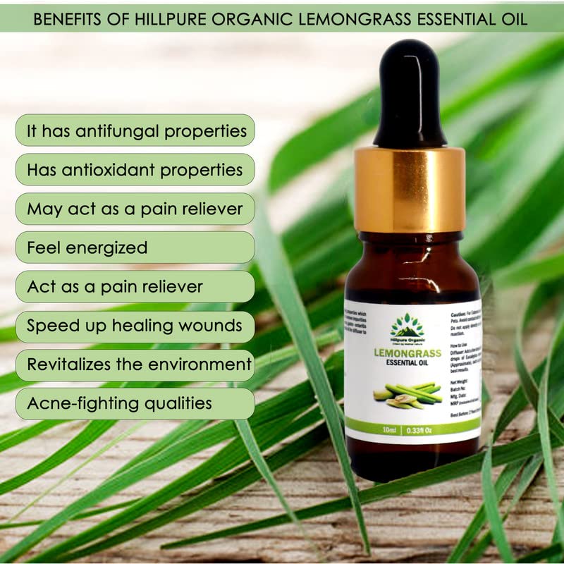 Hillpure Organic Lemongrass Essential Oil - 100% Pure Natural Aromatherapy Oil for Hair, Skin & Relaxation | 10ml | Perfect for Diffusers, Massage & DIY Beauty Products