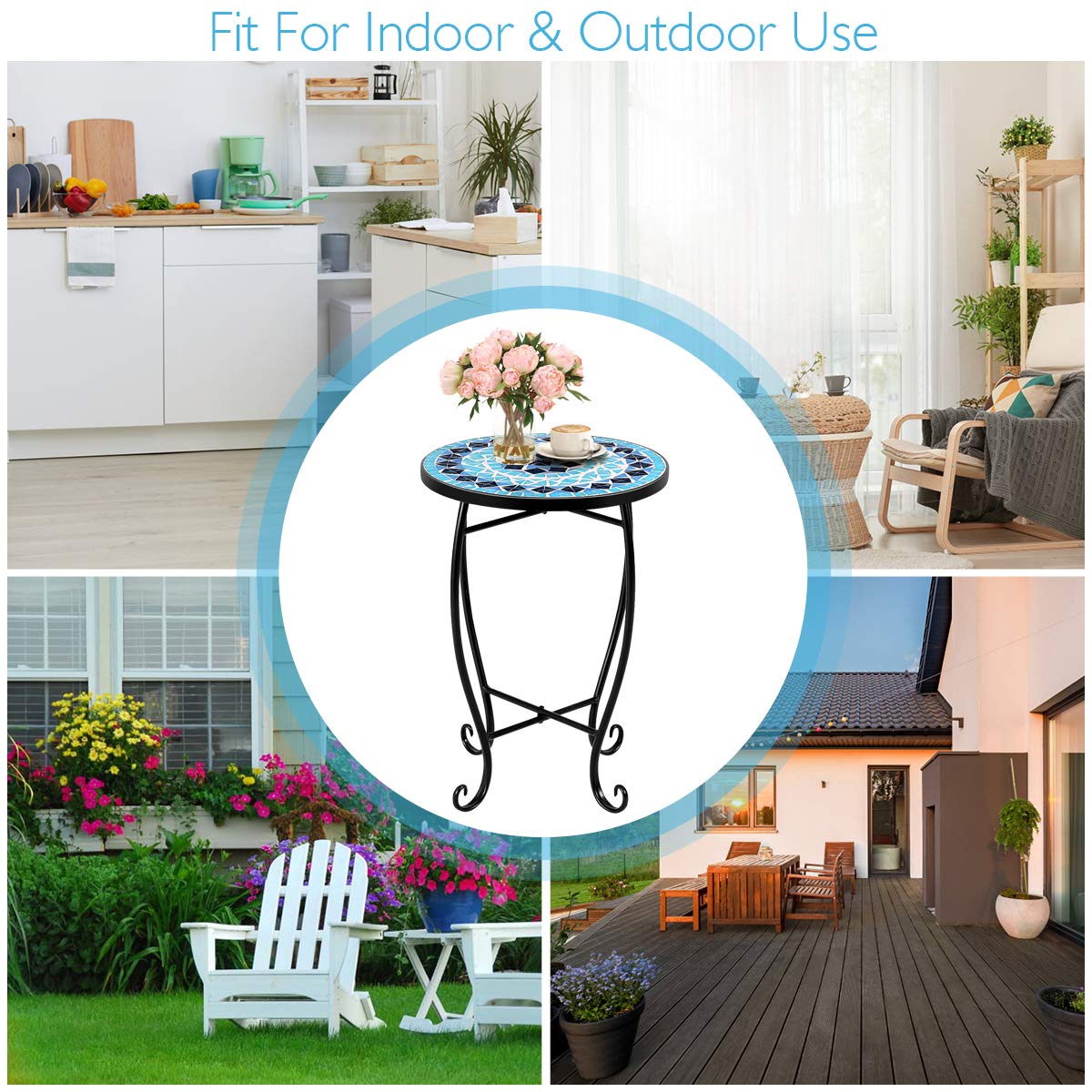 RELAX4LIFE 14 Inch Round Mosaic Side Table with Tempered Glass Top & Sturdy Steel Frame - Outdoor End Table for Patio, Lawn, Garden, Balcony & Home Decor (Blue) | Perfect for Poolside Lounging, BBQ Parties & Small Space Living