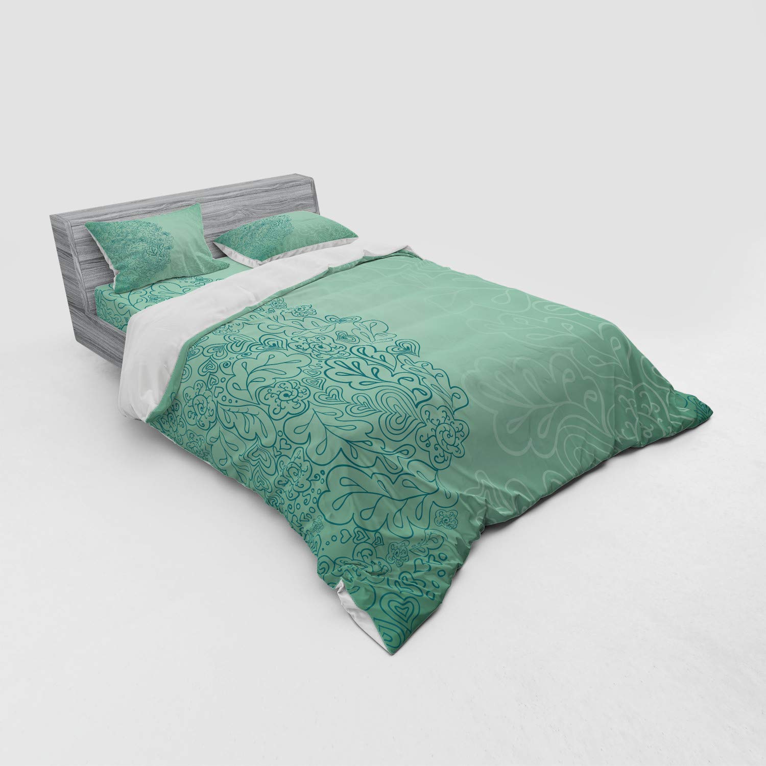Ambesonne Mint Green Duvet Cover Set - 4 Piece Queen Size Floral Botanical Leaves Pattern Bedding with Shams & Fitted Sheet - Nature Inspired Teal Turquoise Design for Modern Bedroom Decor | Perfect for Guest Rooms, Master Bedrooms & Cozy Home Styling